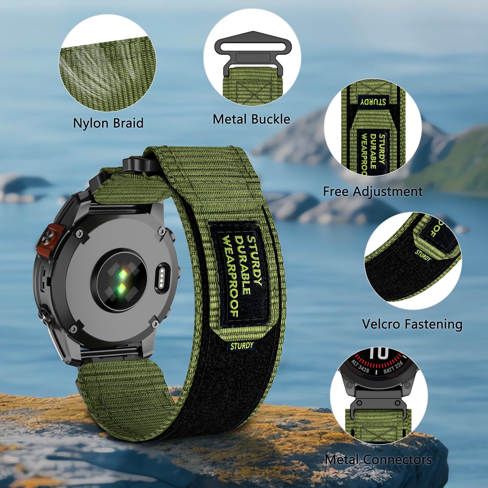 Cinturino Nylon 26mm Quick Fit Per Garmin Fenix 7X/6X/5X/Fenix 3 - Ricambio Elastico Con Attacchi In Acciaio