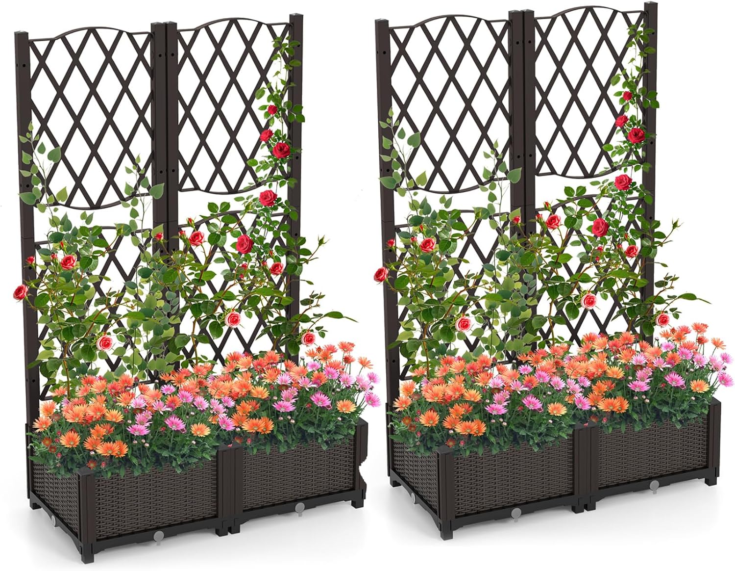 Giantex 2 Pack Raised Garden Beds with Trellis, Planter Box for Vine Growing Climbing, Vegetable Herb Flower, Outdoor Floor Plant Bed with Self-Watering Drain Hole for Yard Balcony