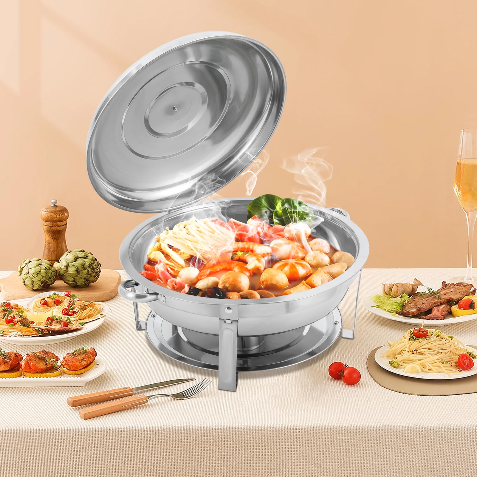 Calentador de comida redonda de 9 litros, bandeja de acero inoxidable con tapa aislada, recipiente para almacenamiento de alimentos, adecuado para cafeterías, bares de aperitivos, fiestas