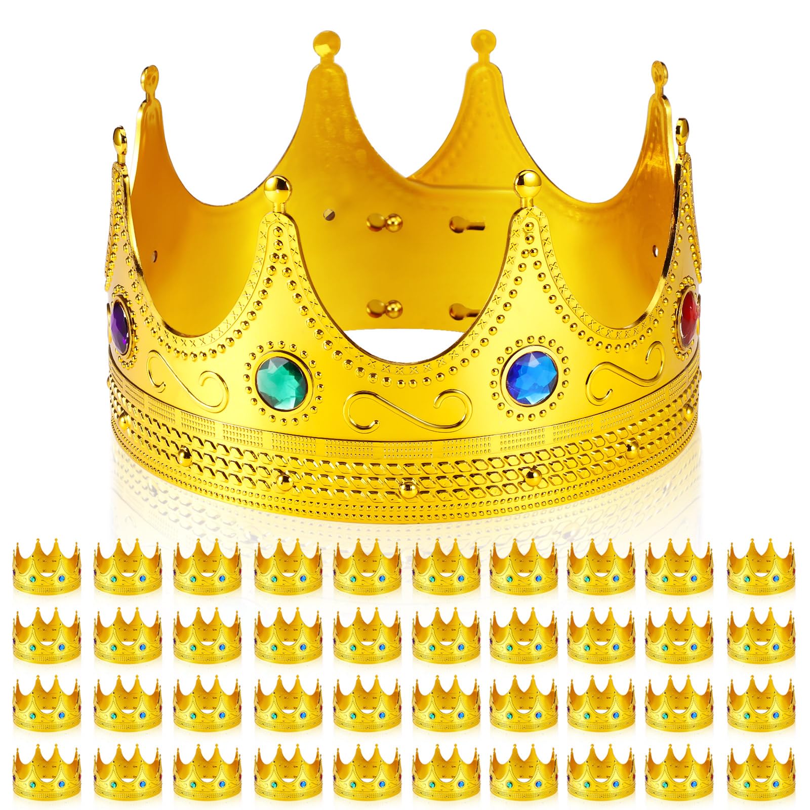 Hanaive King Crowns for Adults Kids Gold Royal Plastic Crown Jeweled for King Queen Prince Princess Costume Cosplay Party