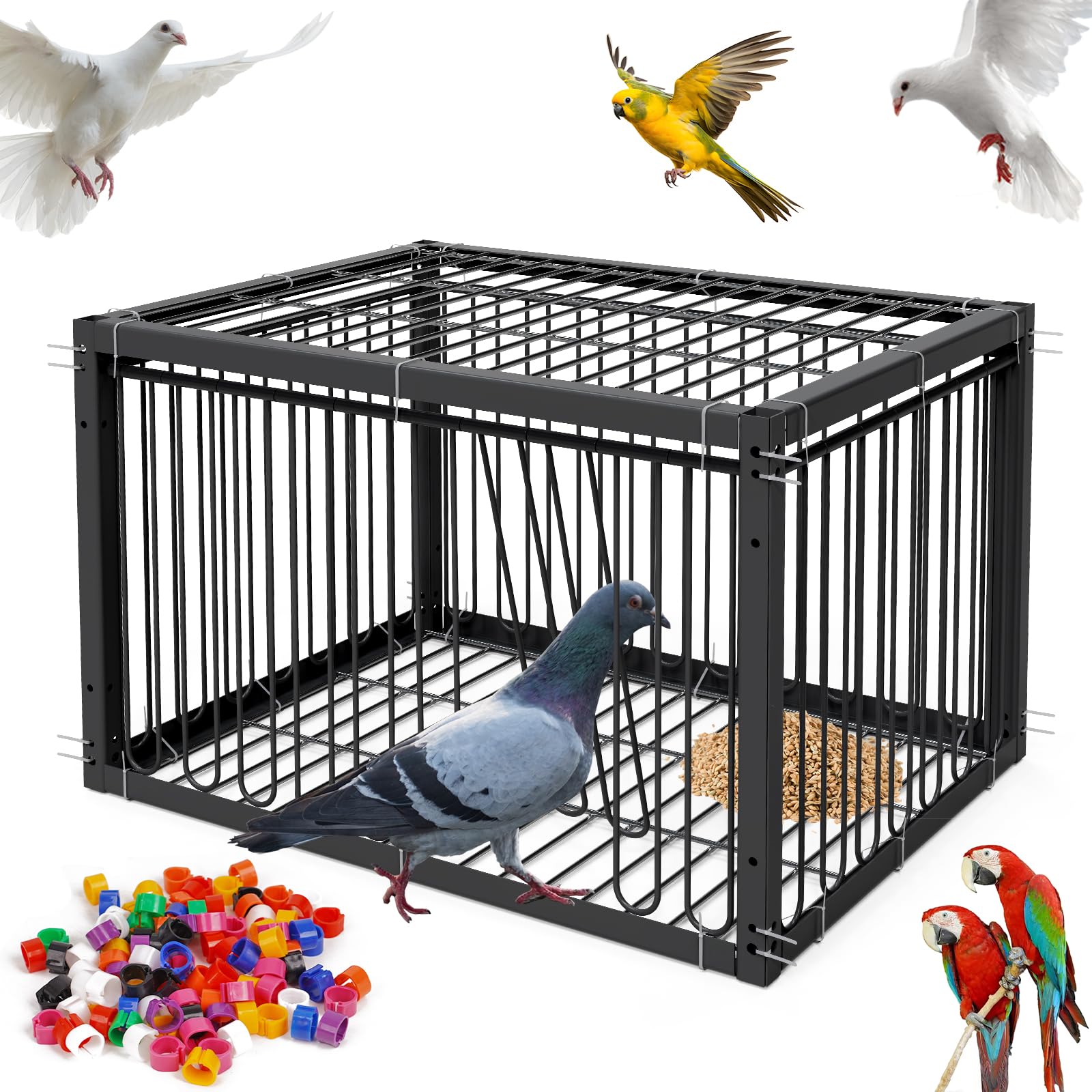 Jaula para palomas, 40 cm, con diseño de entrada numérica y especial para atrapar palomas, pájaros u otros animales pequeños, resistente y duradera, incluye 100 unidades de ataduras, negro