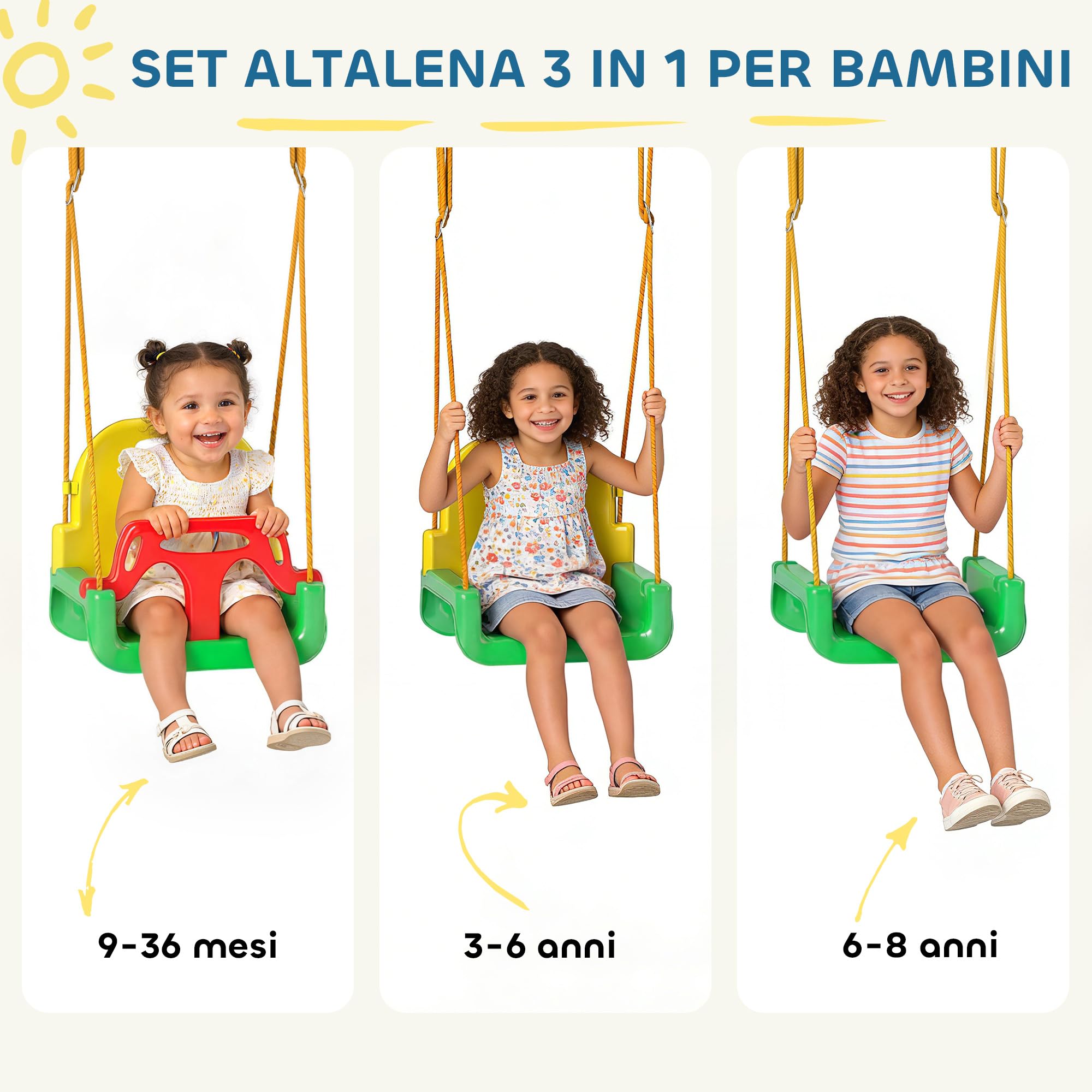 AIYAPLAY 3 in 1 Altalena da Giardino per Bambini, Altalena per Neonato da Interno e Esterno, Altezza Regolabile, Supporti in Acciaio Pieghevoli, Cintura Sicurezza, Facile Montare, 9 Mesi-8 Anni, Verde - 3