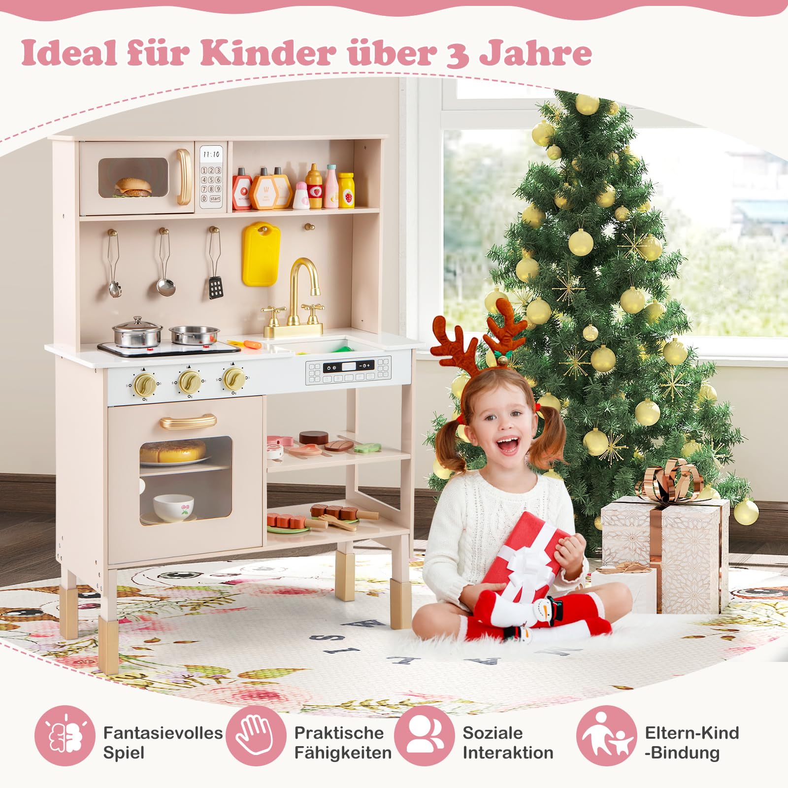 DREAMADE Kinderküche aus Holz, Spielküche mit Geräuschen & Lichtern, höhenverstellbare Holzküche mit Ofen, Mikrowelle, Herdplatte, Spüle & Zubehör, Spielzeugküche mit Stauraum für Kinder ab 3 Jahren
