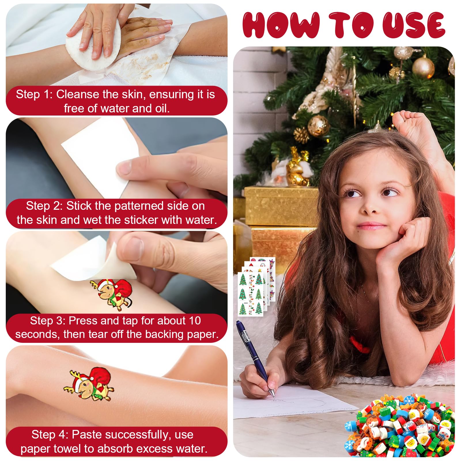 Shinybox 230 Pezzi Set di Gomme Natalizie per Bambini, 200 Mini Gomme da Cancellare Natalizie e 30 Adesivi per Tatuaggi Natalizi, Feste di Natale per Riempire la Calza Della Befana