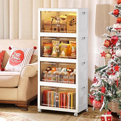 SYNCVIBE Contenedores de almacenamiento apilables con tapas y puertas dobles, paquete de 3 cajas de almacenamiento de plástico, organizador plegable