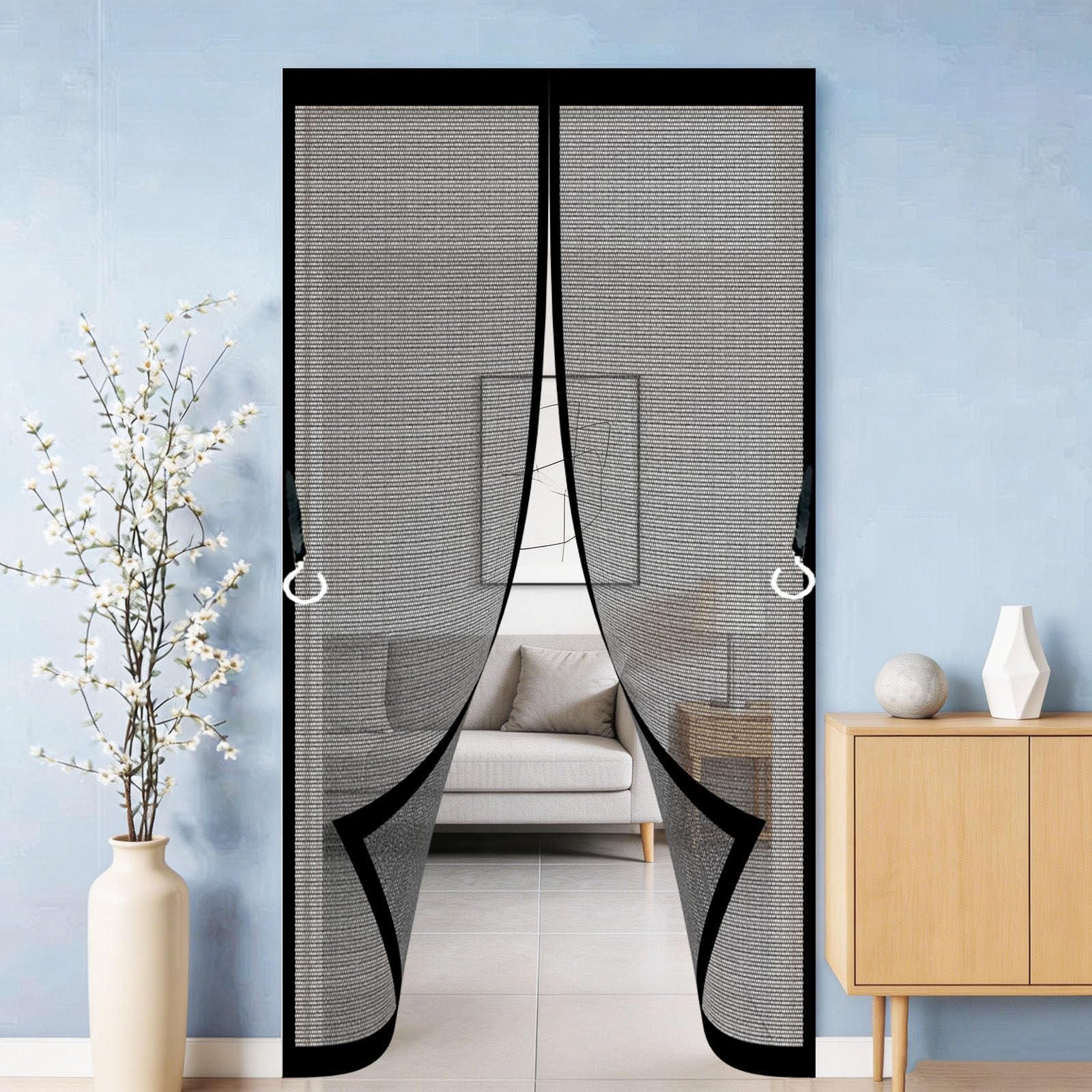 Door Fly Screen 215 x 185 cm No-Drill Easy Installation Automatically Closes Powerful Magnets Insect Door Screen for Bedroom Pet Friendly Living Room, Black