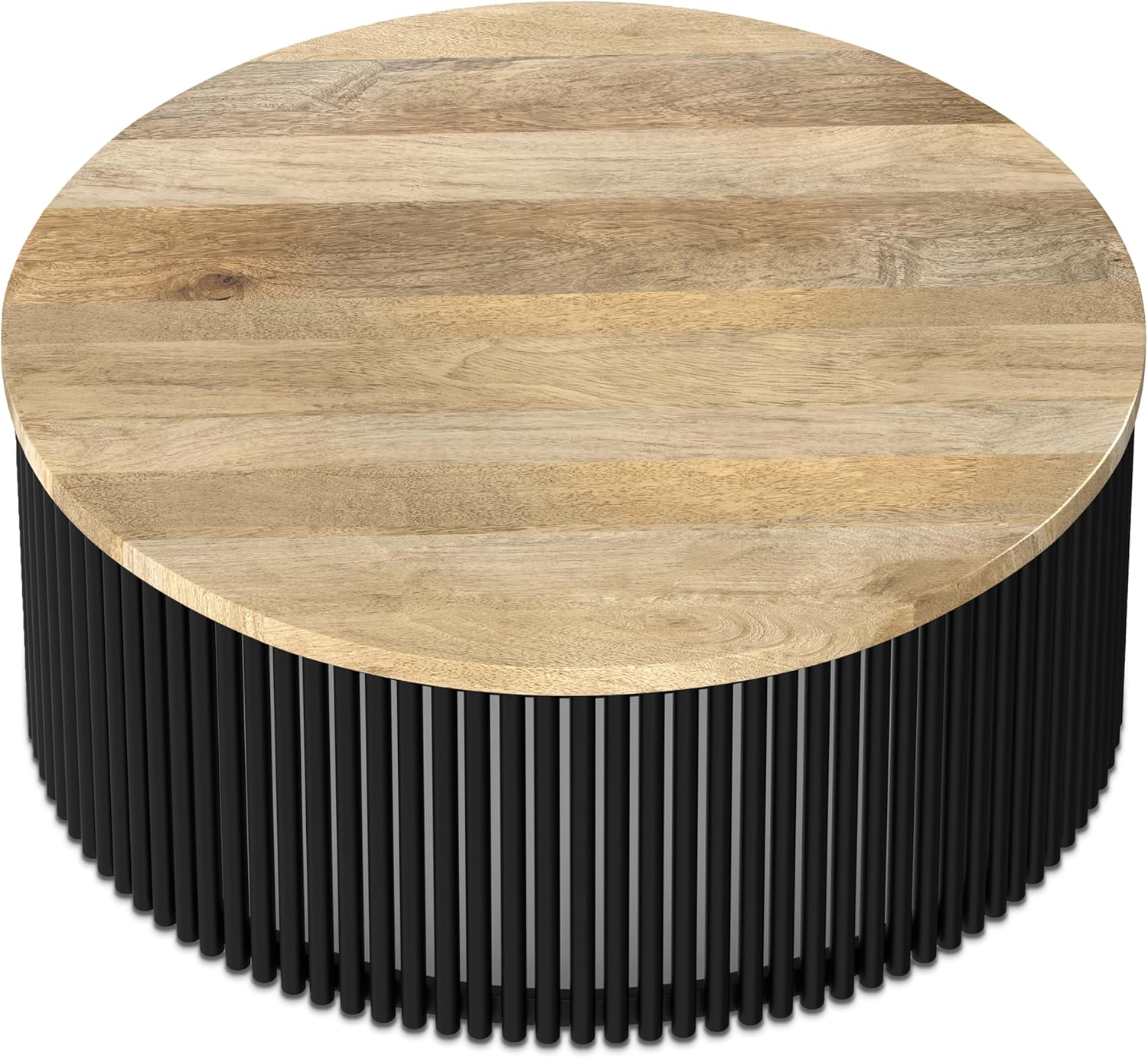 SIMPLIHOME Demy Coffee Table - 35 inch Wide Solid Wood Industrial Contemporary Round Cocktail Table in Natural and Black, Sculptural Living Room Table with Powder Coated Metal Base, Assembled
