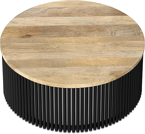 Miniatura 62 de SIMPLIHOME Demy - Mesa auxiliar redonda de metal y mango macizo de 18 pulgadas de ancho en color natural/negro, con parte superior de madera de