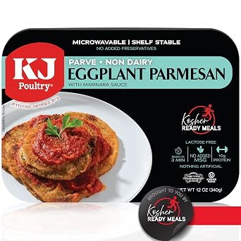 KJ Poultry Kosher Parve Ready Meals - Eggplant Parmesan, MRE Meals Ready to Eat, Halal, 1 Pack Prepared Entree Fully Cooked, Shelf Stable Microwave Dinner Travel, Military, Camping, Emergency