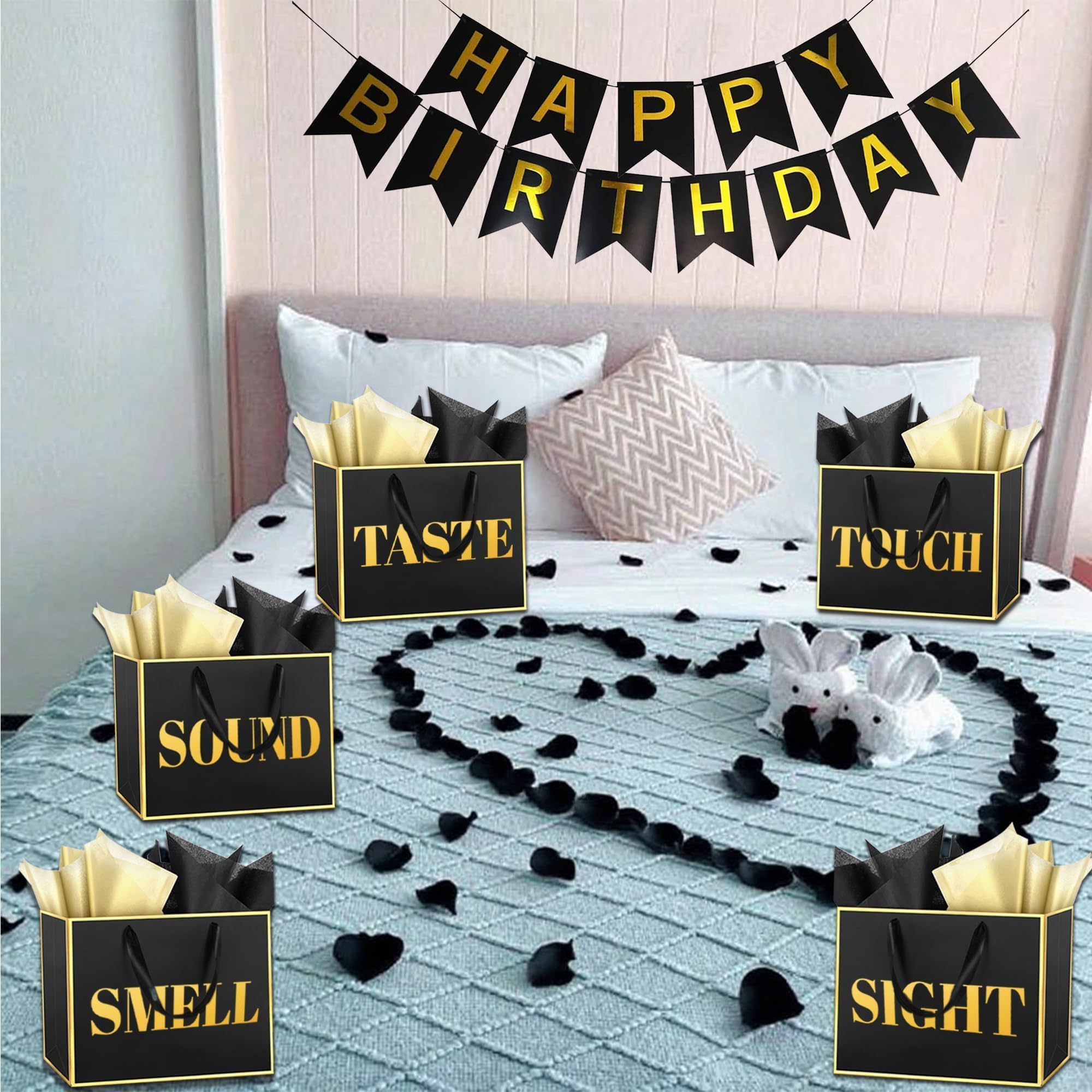 5 Senses Gift Bags For Him With Tissue Paper Rose Petals and Happy Birthday Banner Balloons for Birthday ,Wedding,Anniversary Party Decoration