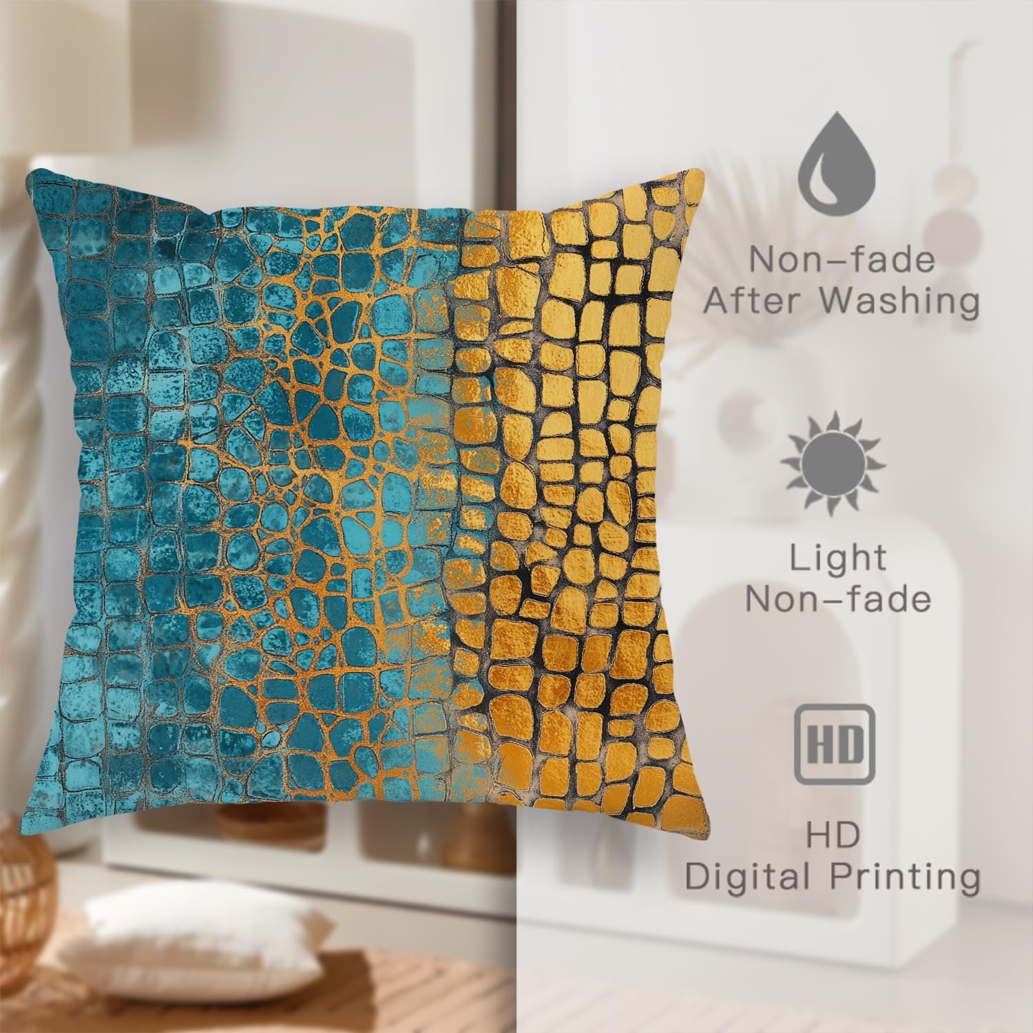 Textured Throw Pillow Covers Set of 2, Teal and Gold Crocodile Pattern Cushion Cases, Decorative Modern Farmhouse Pillows for Home Living Room Sofa 24x24 Inch