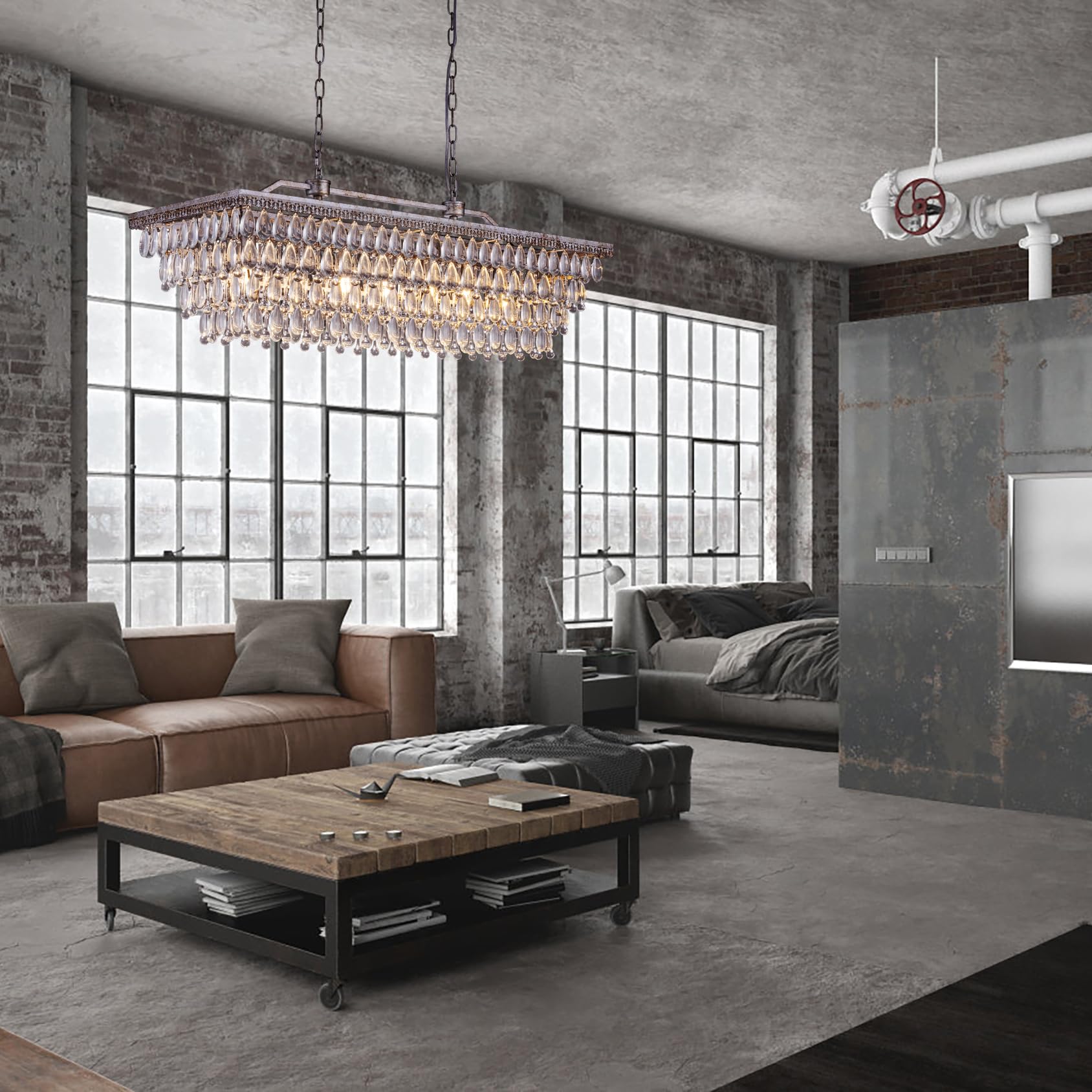 Wellmet Dining Room Crystal Chandelier, 40 Inch Antique Silver Rectangle Chandeliers 7 Lights 4 Tiers Farmhouse Pool Table Light, Hanging Ceiling Vintage Light Fixtures for Kitchen Island, Living Room