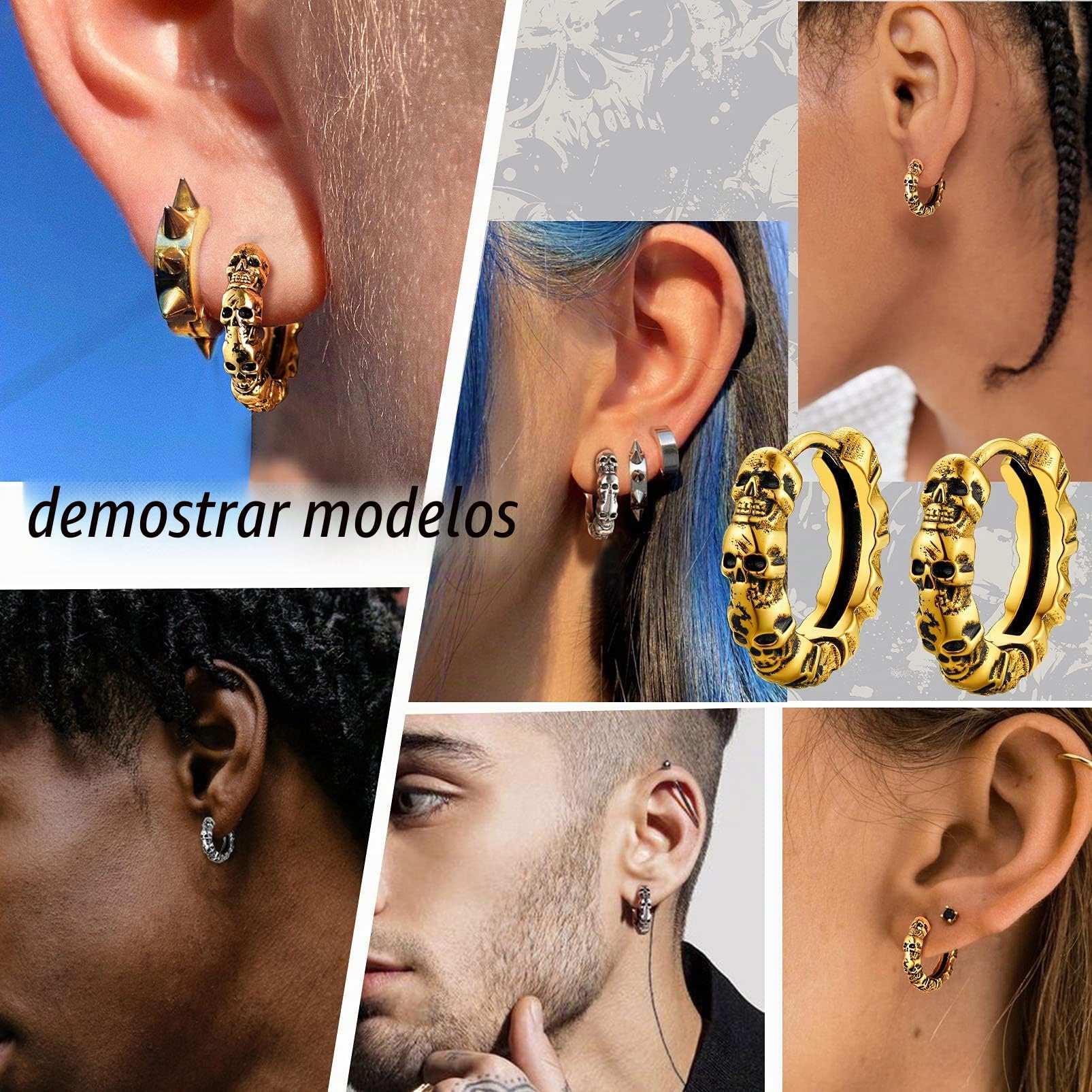 PROSTEEL Un Par de Pendientes Calaveras Gótico Punk Halloween, Piercings de Oreja Aros/Tuercas con Cabeza de Demonio, Acero Inoxidable