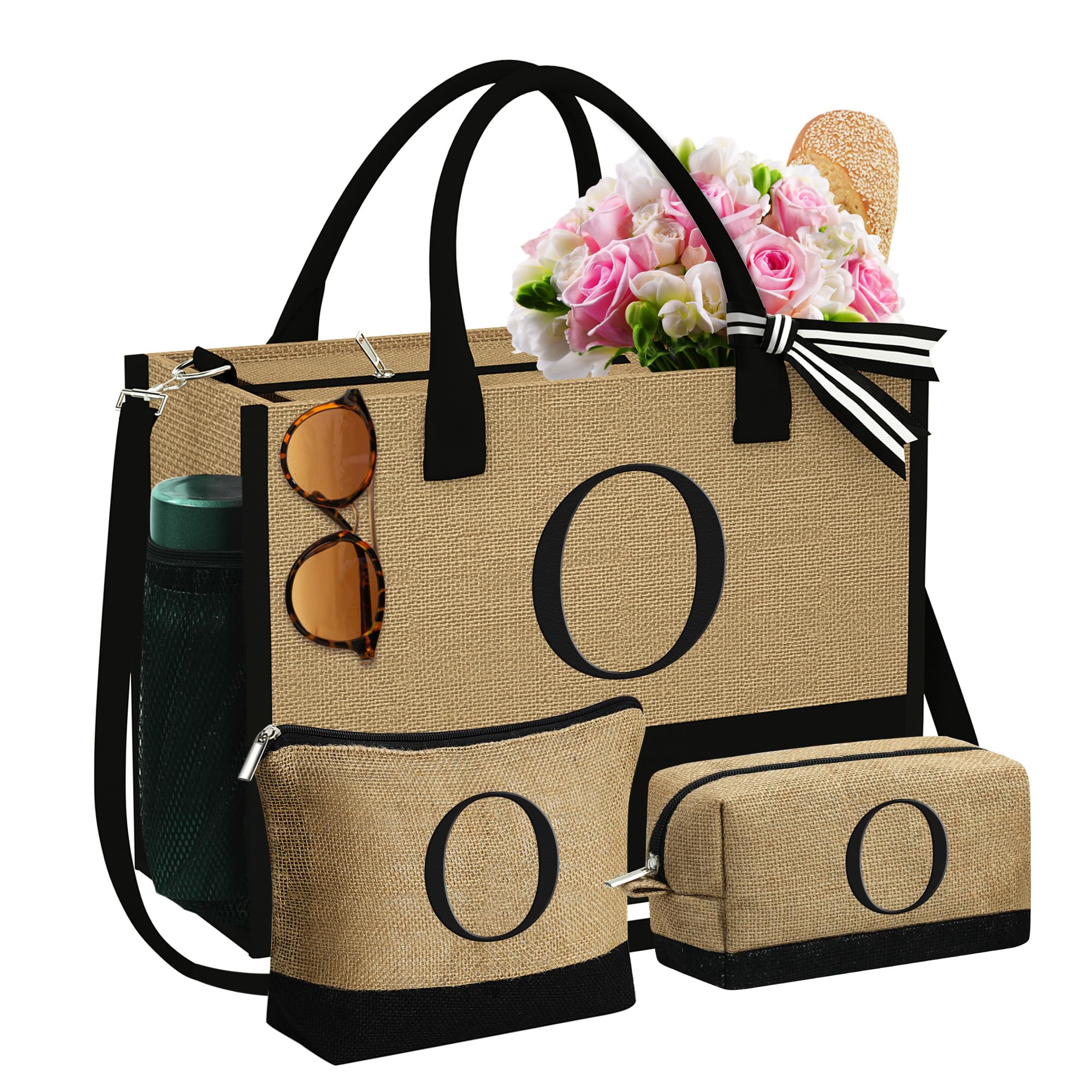 YOOLIFE Valentine Day Gifts for Her - Initial Jute Tote Bag & 2 Makeup Bag, Birthday Gifts for Women Teacher Wife Mom Friend