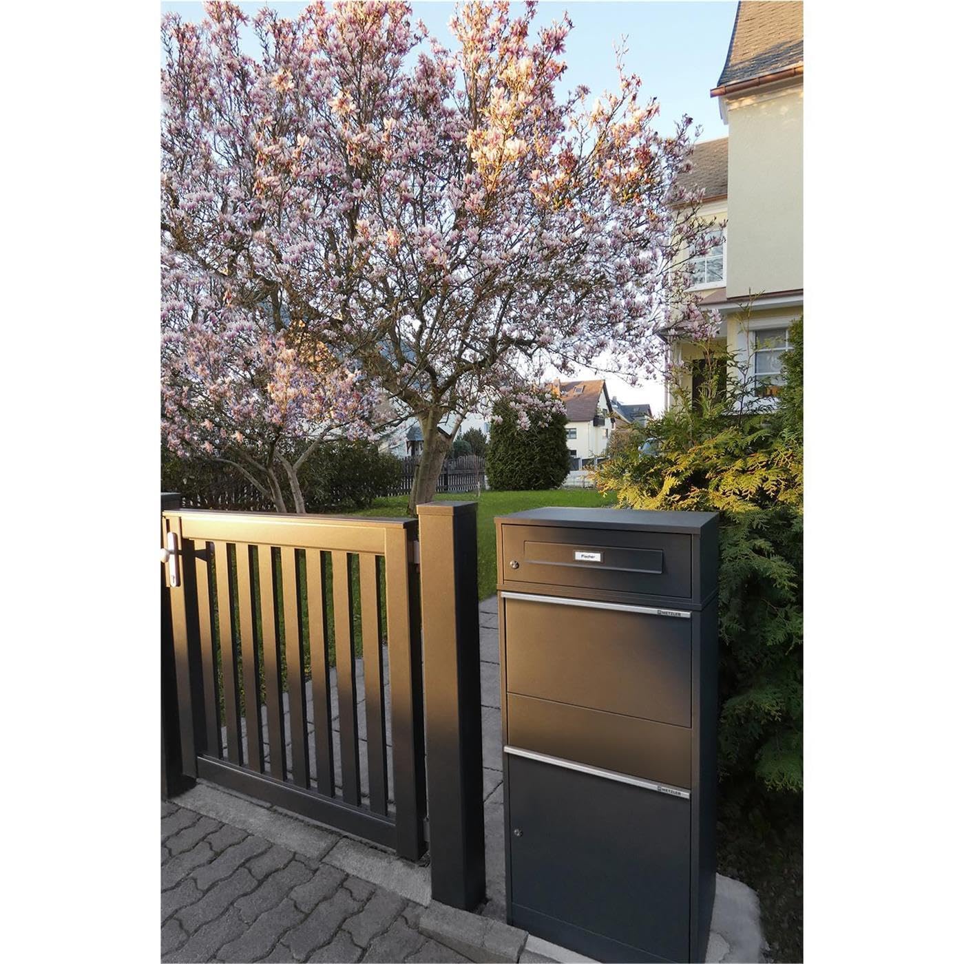 Metzler® boîte à Colis et Lettres avec Plaque de nom Interchangeable et Double Compartiment, Anthracite RAL7016, Acier thermolaqué résistant aux intempéries, Montage Facile, Bispo RE