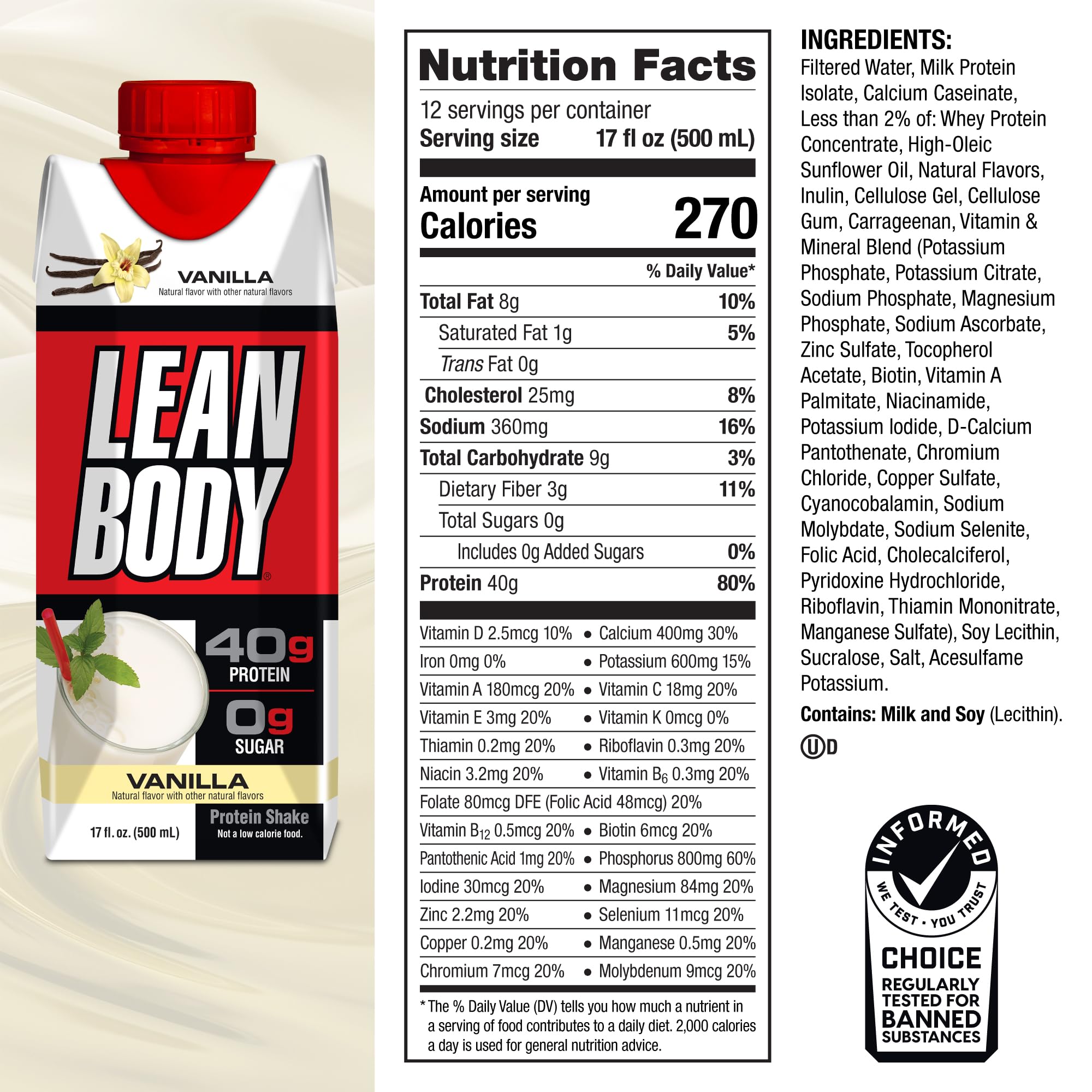 Labrada Lean Body Ready-to-Drink Vanilla Protein Shake, 40g Protein, Whey Blend, 0 Sugar, Gluten Free, 22 Vitamins & Minerals, 17 Fl Oz (Pack of 12) — Amazon image 5
