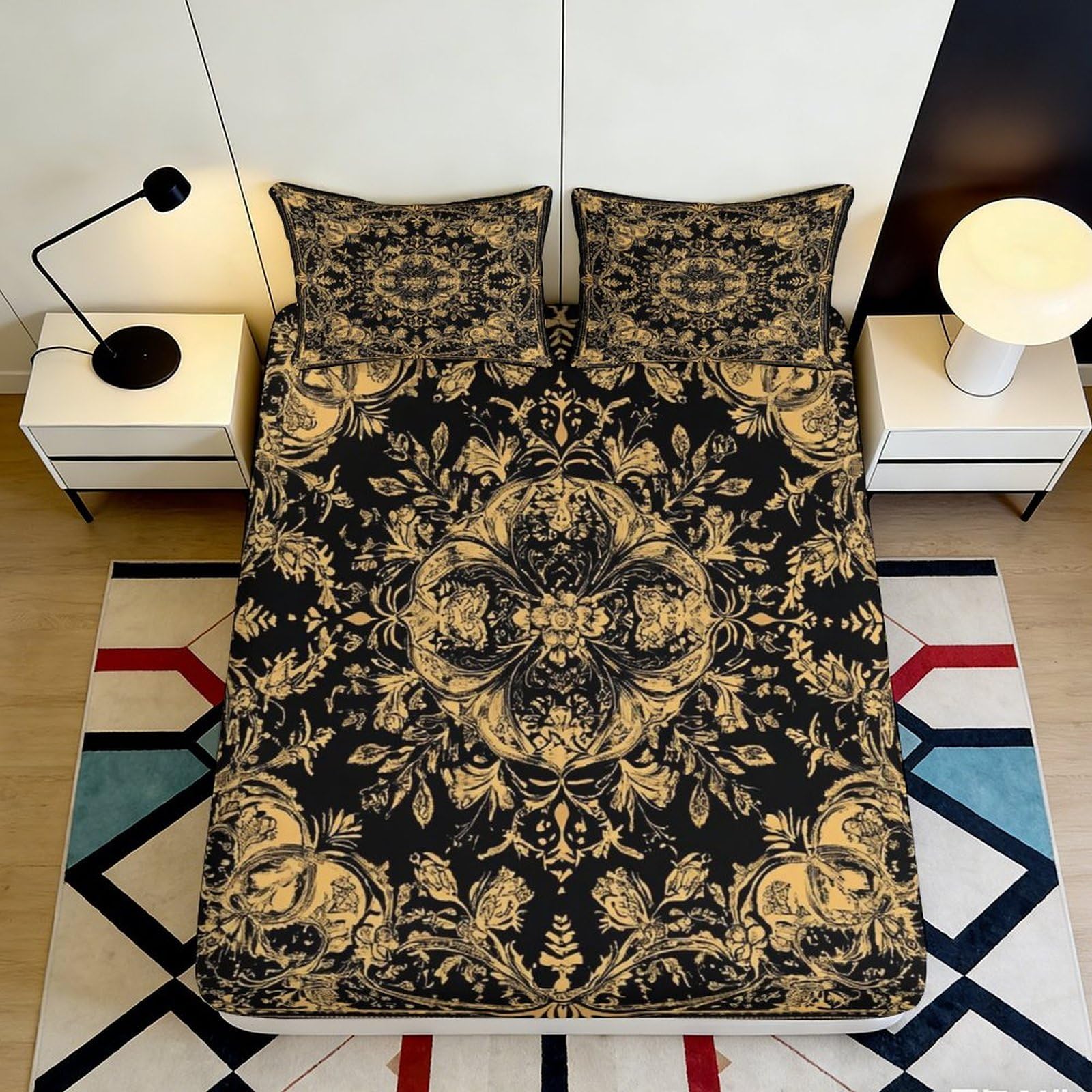 3D Printed Baroque Floral Fitted Sheet Microfiber Soft Breathable Vintage Medallion Mattress Cover for Bedroom Dorm Decor 90x200x25cm