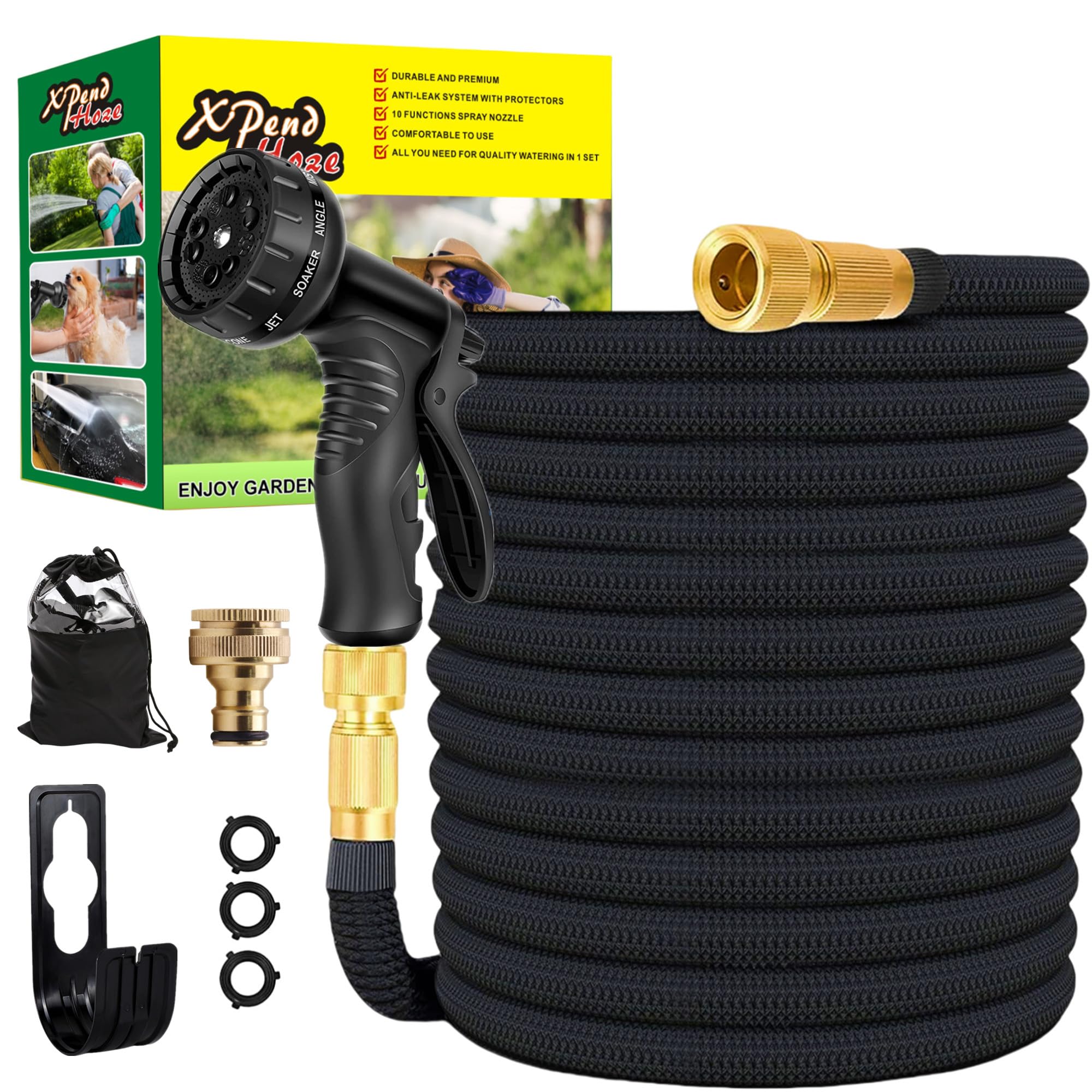 Flexibler Gartenschlauch 22.5m/30m, Flexibel Wasserschlauch Dehnbarer mit 10 Sprühfunktionen, Schnelladaptern und Wandhalterung,Adapter für 1/2' 3/4' Zoll und Wandhalterung (100FT)