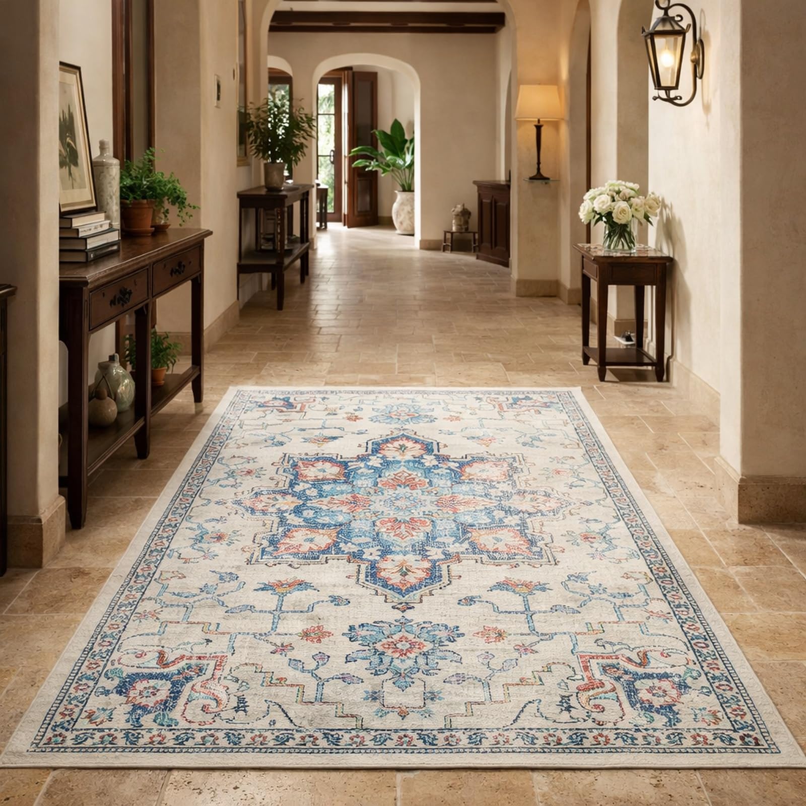 Tapis de salon chambre poils ras vintage 120 x 200 cm multicolore beige rouge bleu