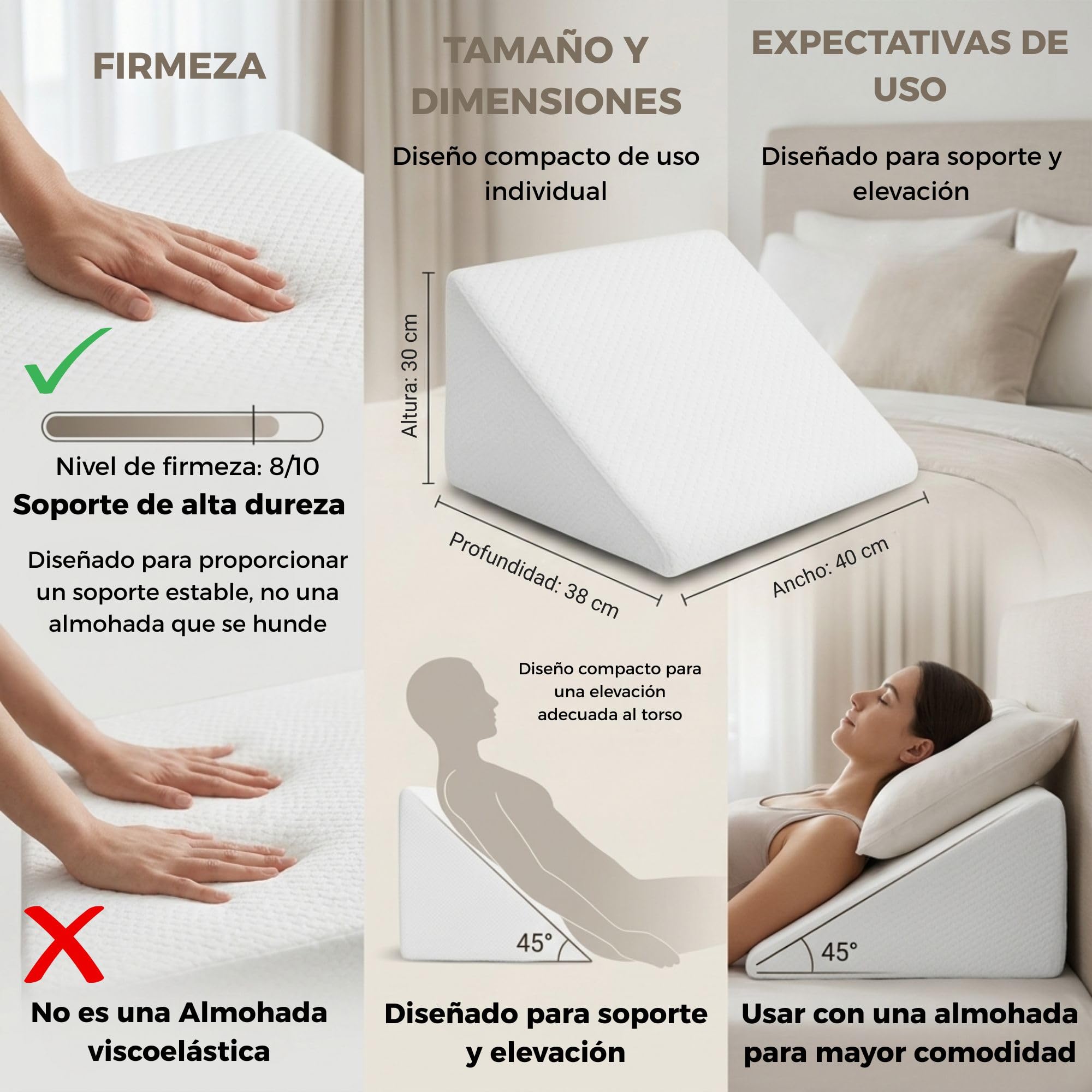 Almohada cuña antireflujo Adulto 30×40×48 cm, cojín Triangular ortopédico para Dormir Elevado, Mejorar la Postura, elevar colchón y piernas, Pillow for Sleeping, Almohadas de Lectura