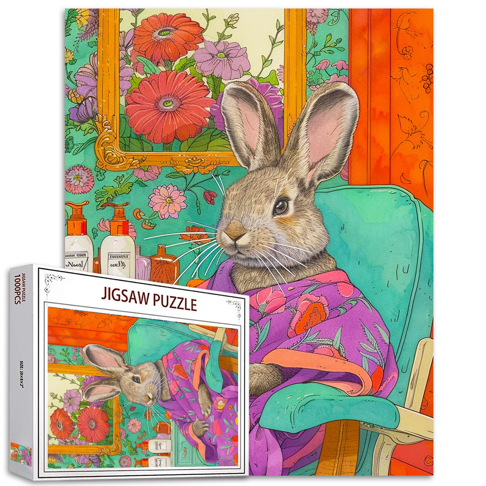 Rabbit in Clothes Sitting on the Couch 1000 Piece Jigsaw Puzzle, Jungle Animal Flower Art for Home Decor, Family Game Nights, Great Gift