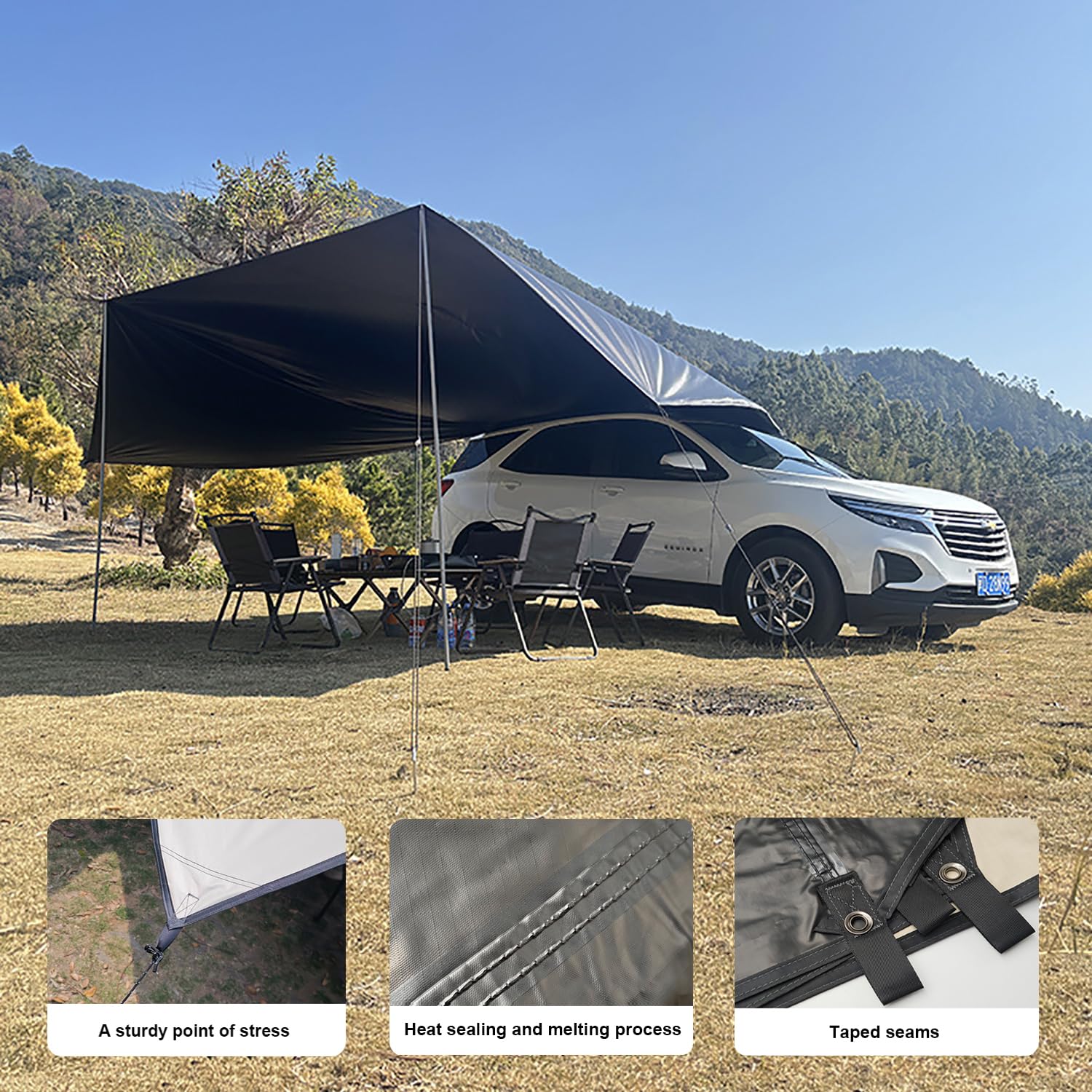 SUV-Hecktür-Zelt - 200x300cm, Schwarz Universelles Camping-Auto-Markise, Sonnensegel Wohnwagen Wasserdicht 8000mm & UPF 50+,Tragbares Heckklappenzelt, Auto Camping Ausrüstung