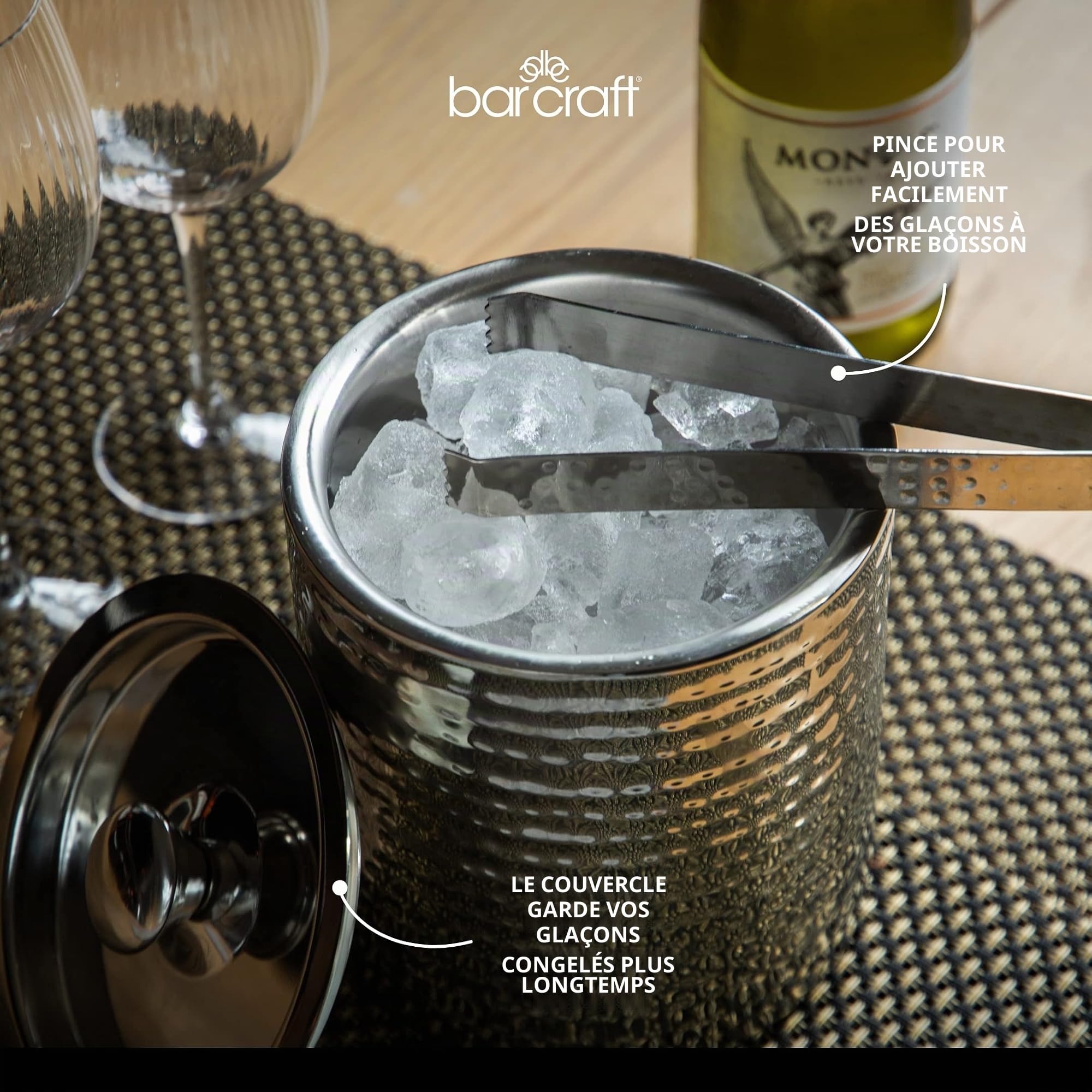 BarCraft Seau à glace en acier inoxydable avec couvercle et pince, 1,5 litre (2,5 pintes) - Finition martelée