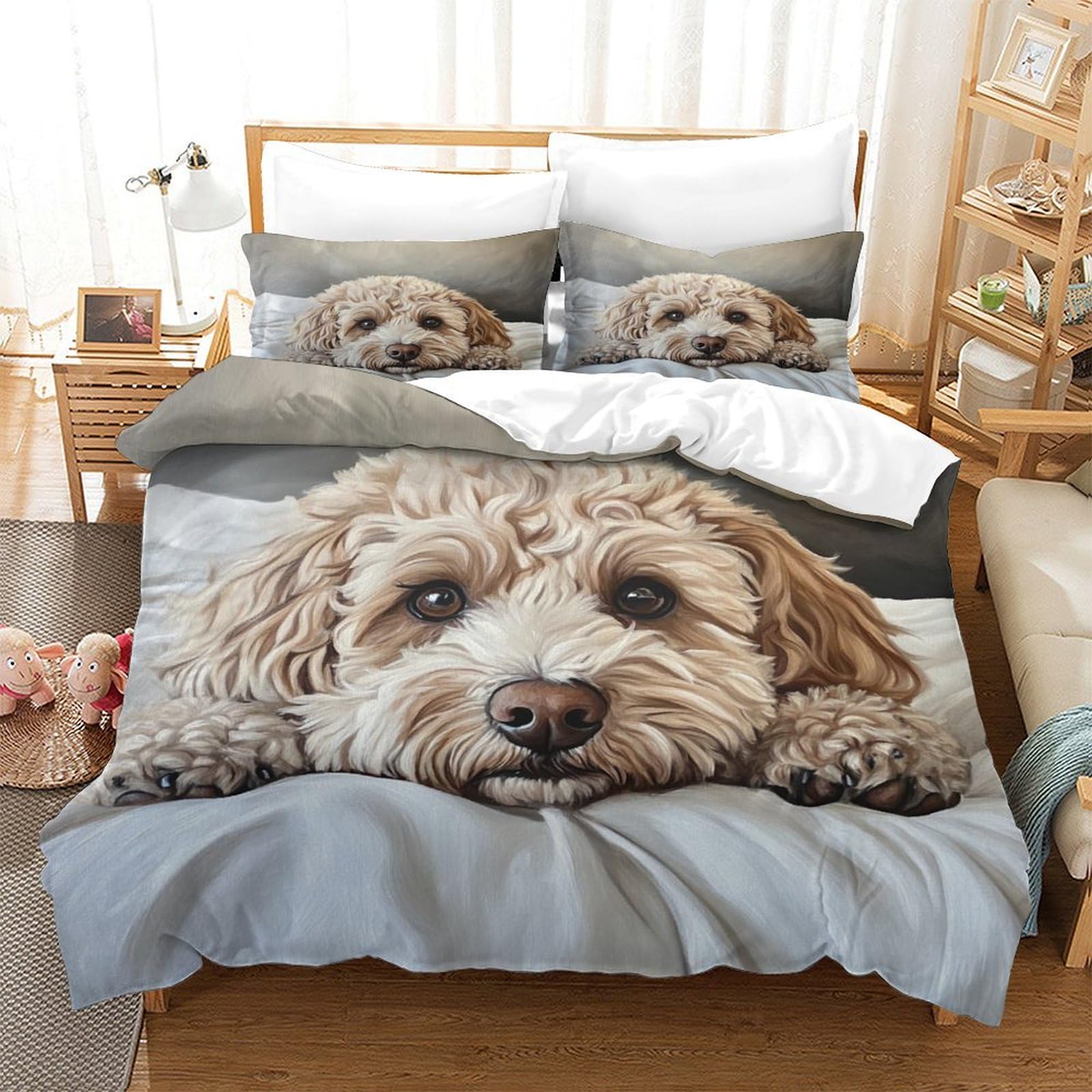 Hmrkoepgx Style-12 Cockapoo 3D Quilt Cover Soft Microfibre Cute Puppy 3Pcs Bedroom Decor Kids Double（200X200cm）