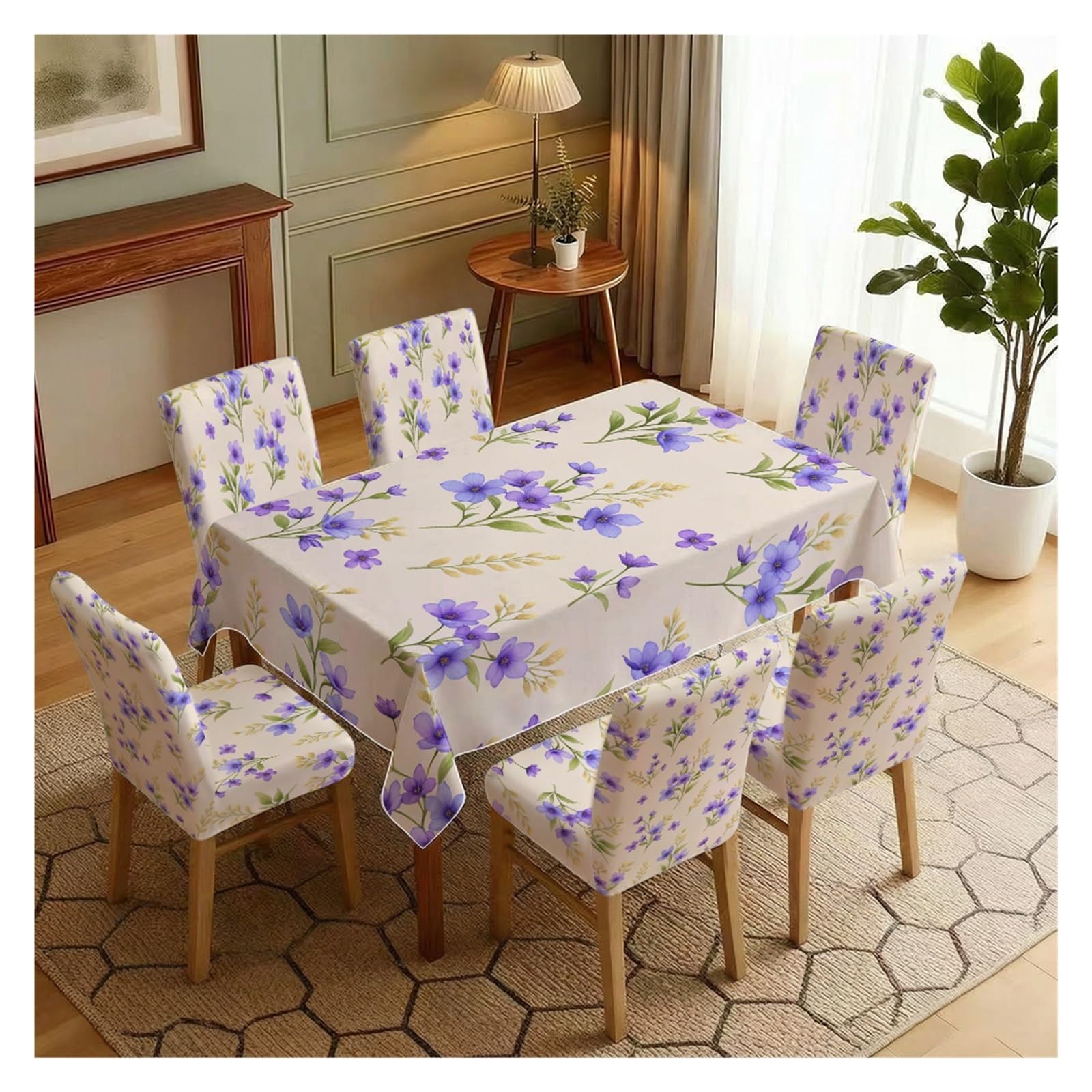 KXUAUV Purple Wildflower Print Stretch Chair Covers & Tablecloth Set, For Kitchen Dining Room Cottage Decor, 5/7 Pack Party Decor(7pcs Set: Tablecloth+Chair Covers)