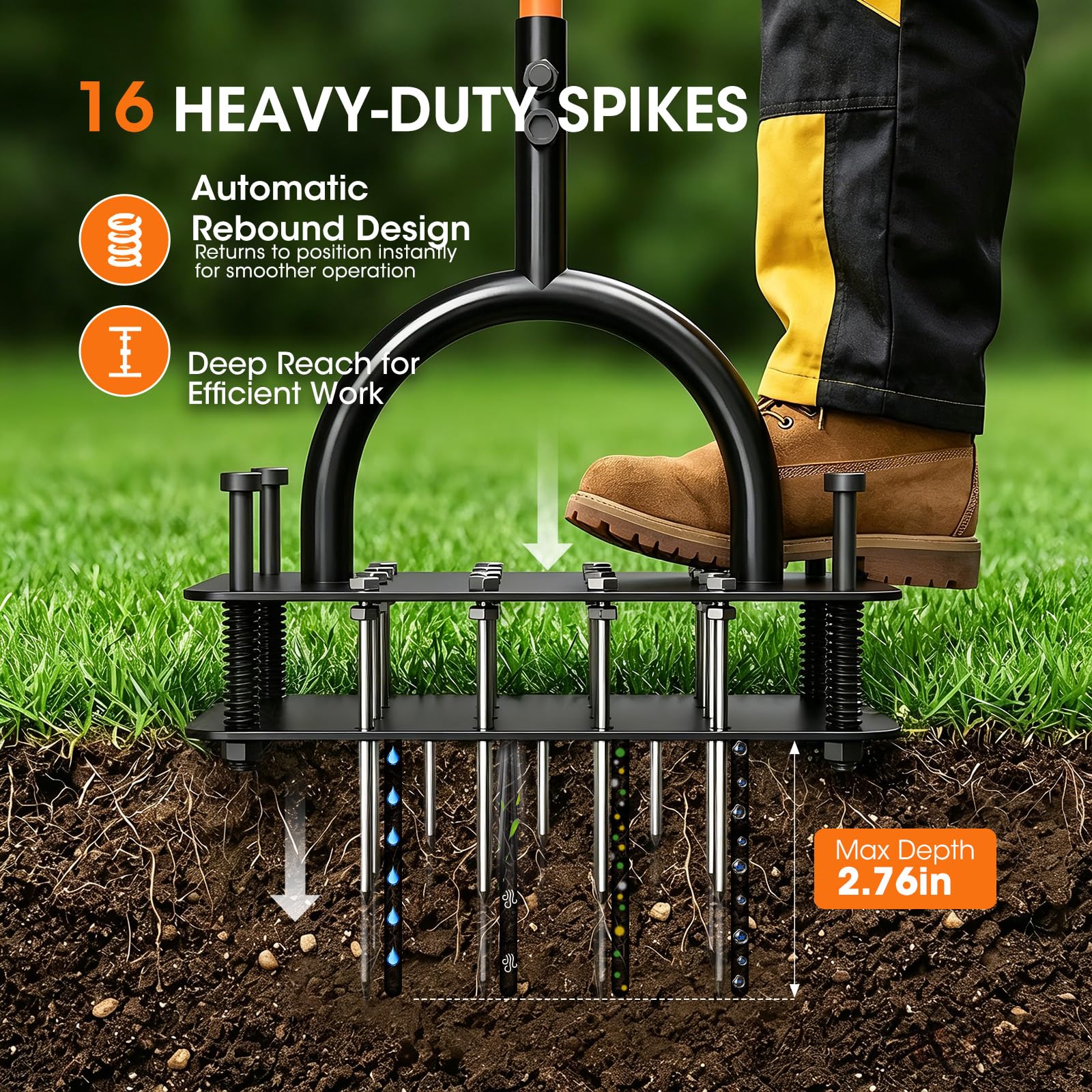 Rasenlüfter Aerifizierer für Rasen, manueller Rasenbelüfter mit 16 Metallspikes & T-Griff, für Verdichtete Böden, Garten & Rasenpflege