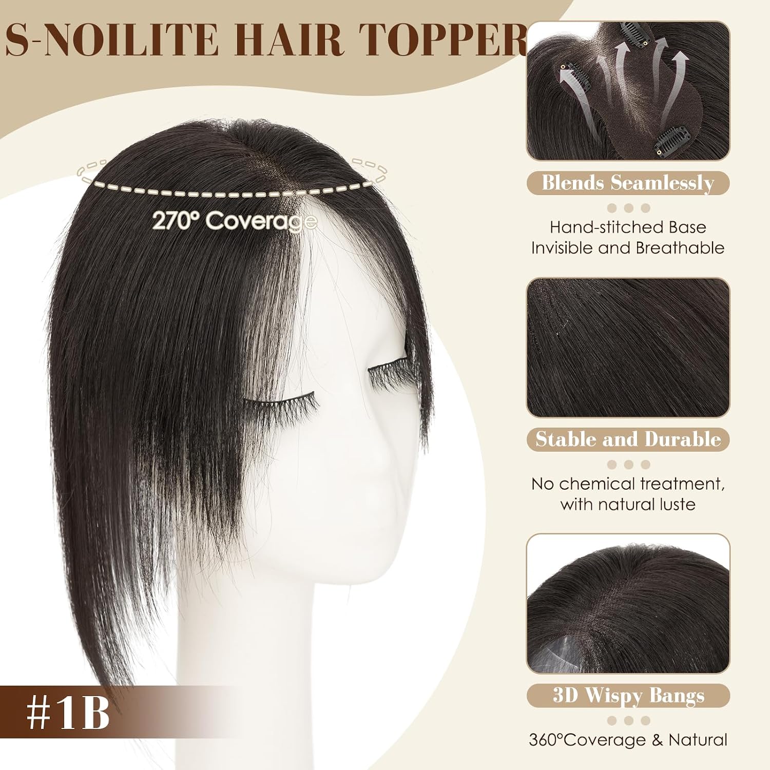 S-noilite Human Hair Toppers for Women no Bangs Human Hair 360°3D Cover Clip in Short Topper Hairpieces for Women Natural Black 12inch
