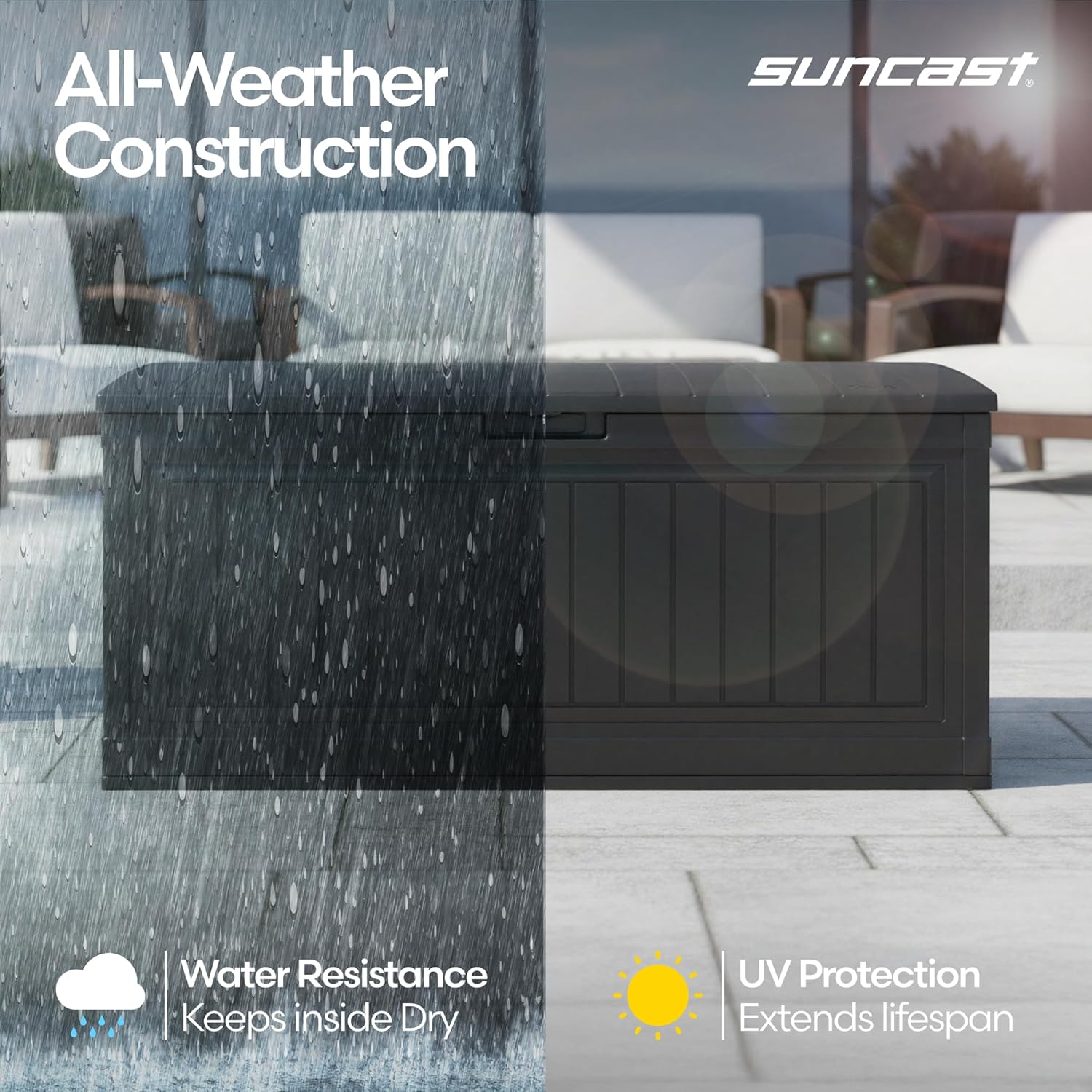 Suncast 80-Gal. Waterproof Resin Large Outdoor Patio Deck Box with Pad-Lockable Lid, Modern Outdoor Patio Bench/Storage Box for Cushions, Garden Tools, and More, Iron Ore - Image 4