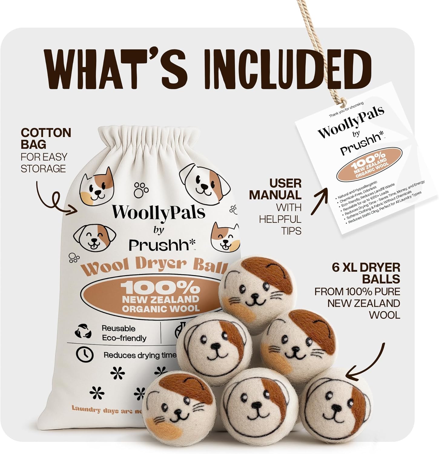 WoollyPals Wool Dryer Balls (6-Pack, XL Size)- 100% New Zealand Organic Wool - Sustainable & Eco-Friendly - Dry 1,000 Loads, Replaces Dryer Sheets, Reduces Static Cling, Reusable (Multi Colour)