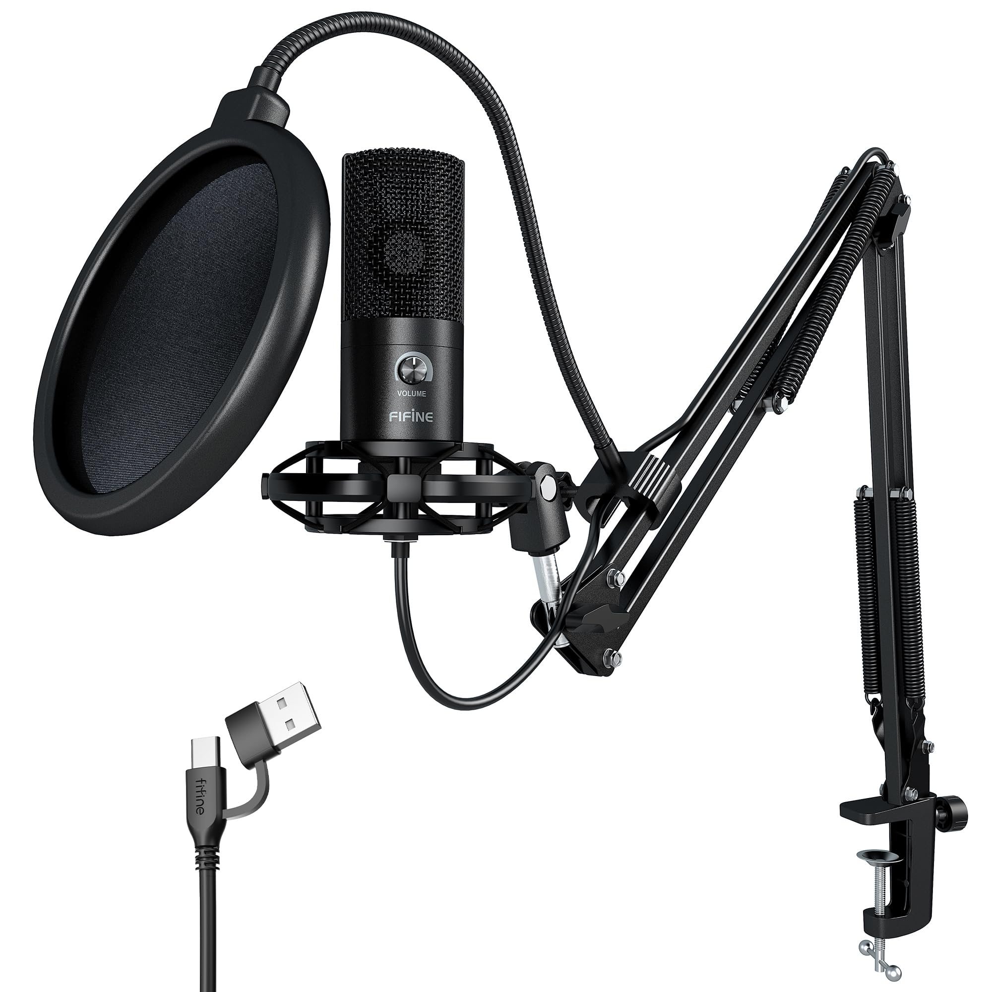 FIFINE Studio Condensador USB Microfone Computador PC Kit de microfone com suporte de choque ajustável do braço do boom para instrumentos Voice Overs Gravação Podcasting YouTube Vocal Streaming-T669