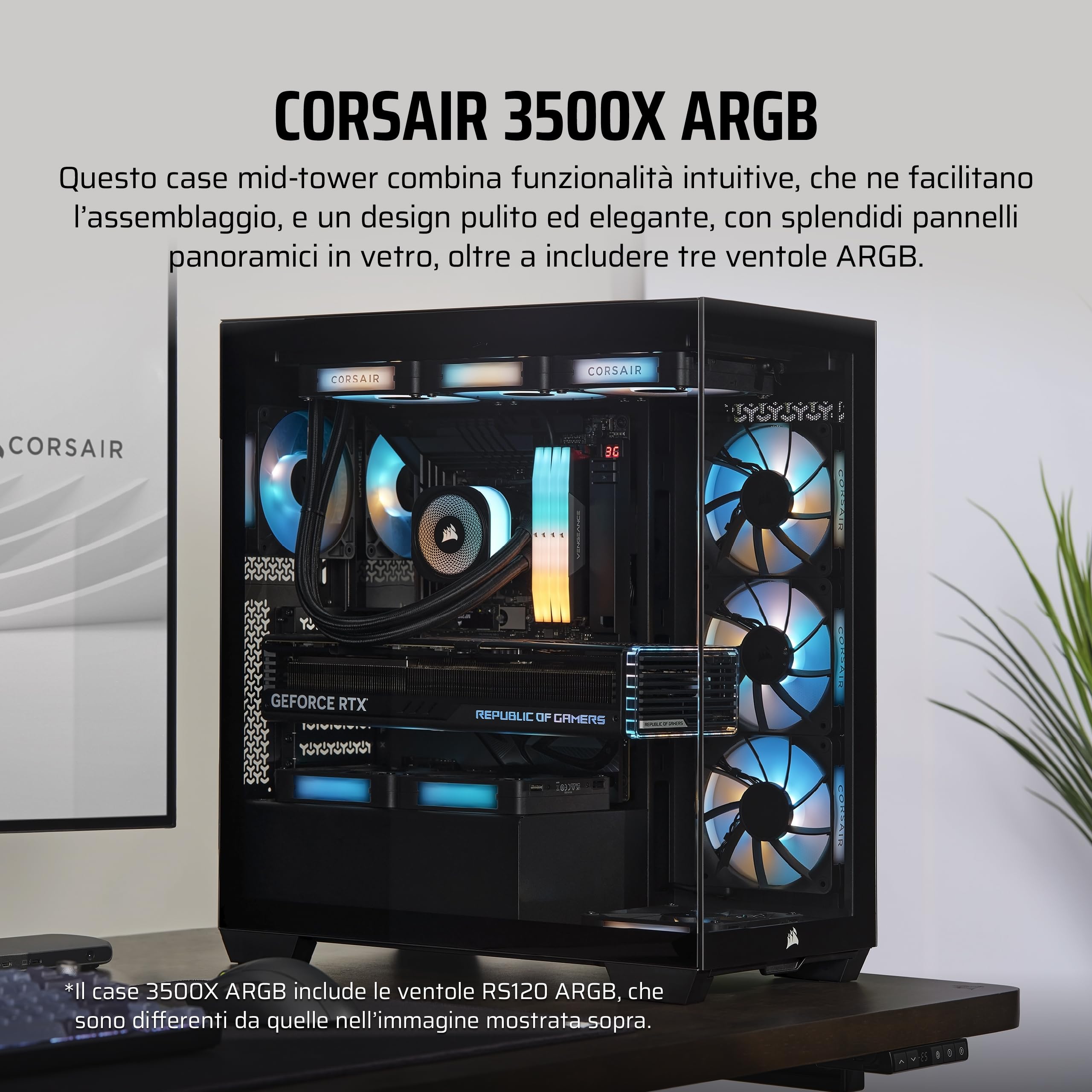 CORSAIR 3500X ARGB Mid-Tower ATX Case per PC - Vetro Panoramico Temperato - Compatibile con Scheda Madre a Connessione Inversa - 3x Ventole CORSAIR RS120 ARGB Incluse - Nero