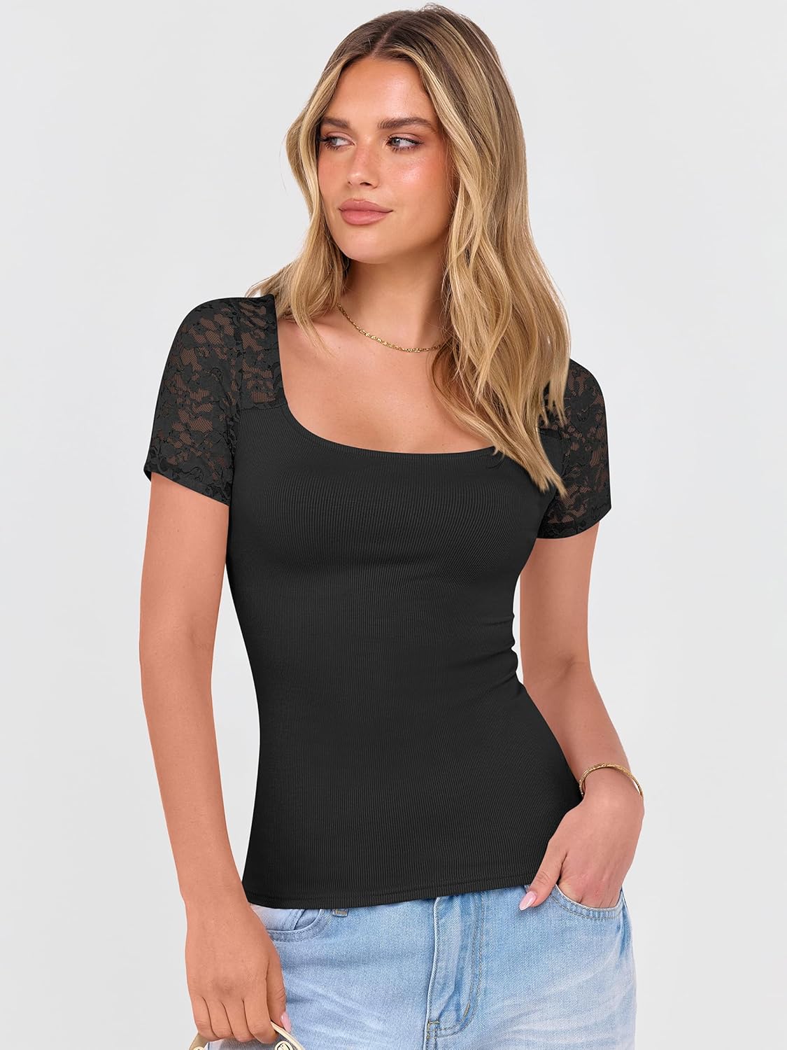 ANRABESS Womens Short Sleeve Shirts Scoop Neck Lace Going Out Tops Slim Fit Rib Knit Casual Tee 2026 Summer Fashion Outfits - Image 4