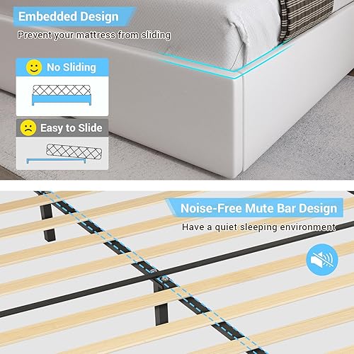 Miniatura 35 de DICTAC Base de cama de tamaño matrimonial con cabecera y 4 cajones de almacenamiento, moderna plataforma tapizada de piel sintética, marco de cama