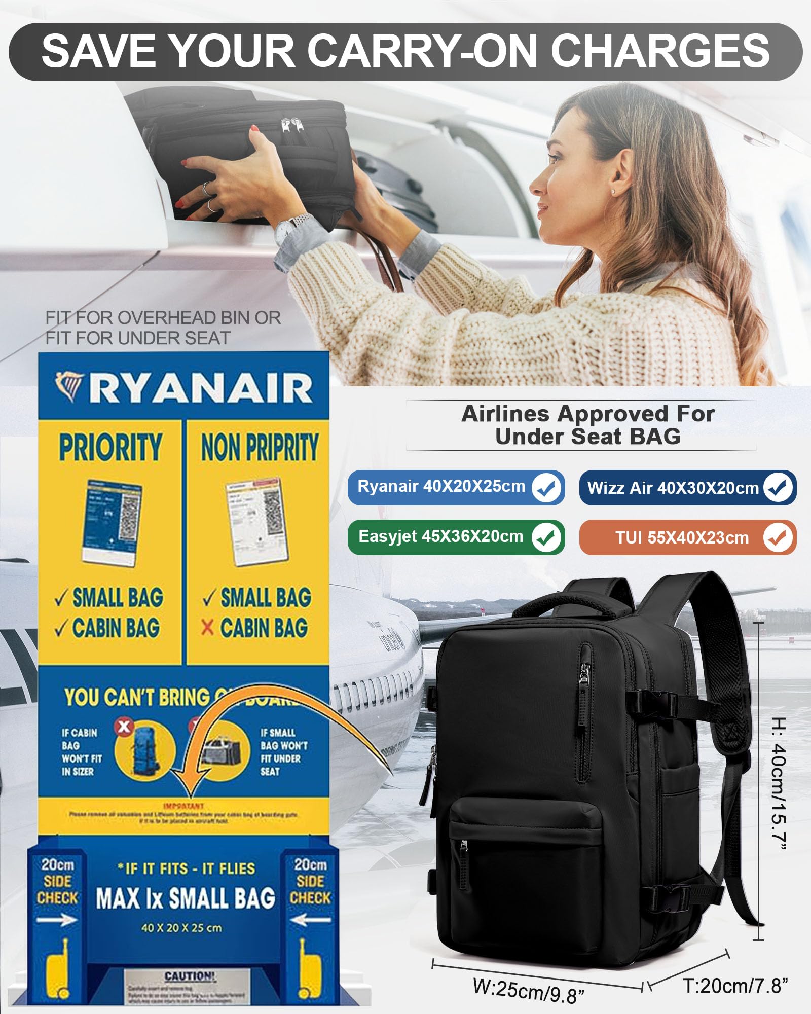 Zaino da Viaggio per Ryanair 40x20x25 Bagaglio a Mano Zaino Borse da Cabina per Ryanair Il Sedile Zaino Aereo Bagaglio a Mano Donna Borsa Cabina Viaggio Zaino Travel Viaggio Casual Daypack,G1-Nero