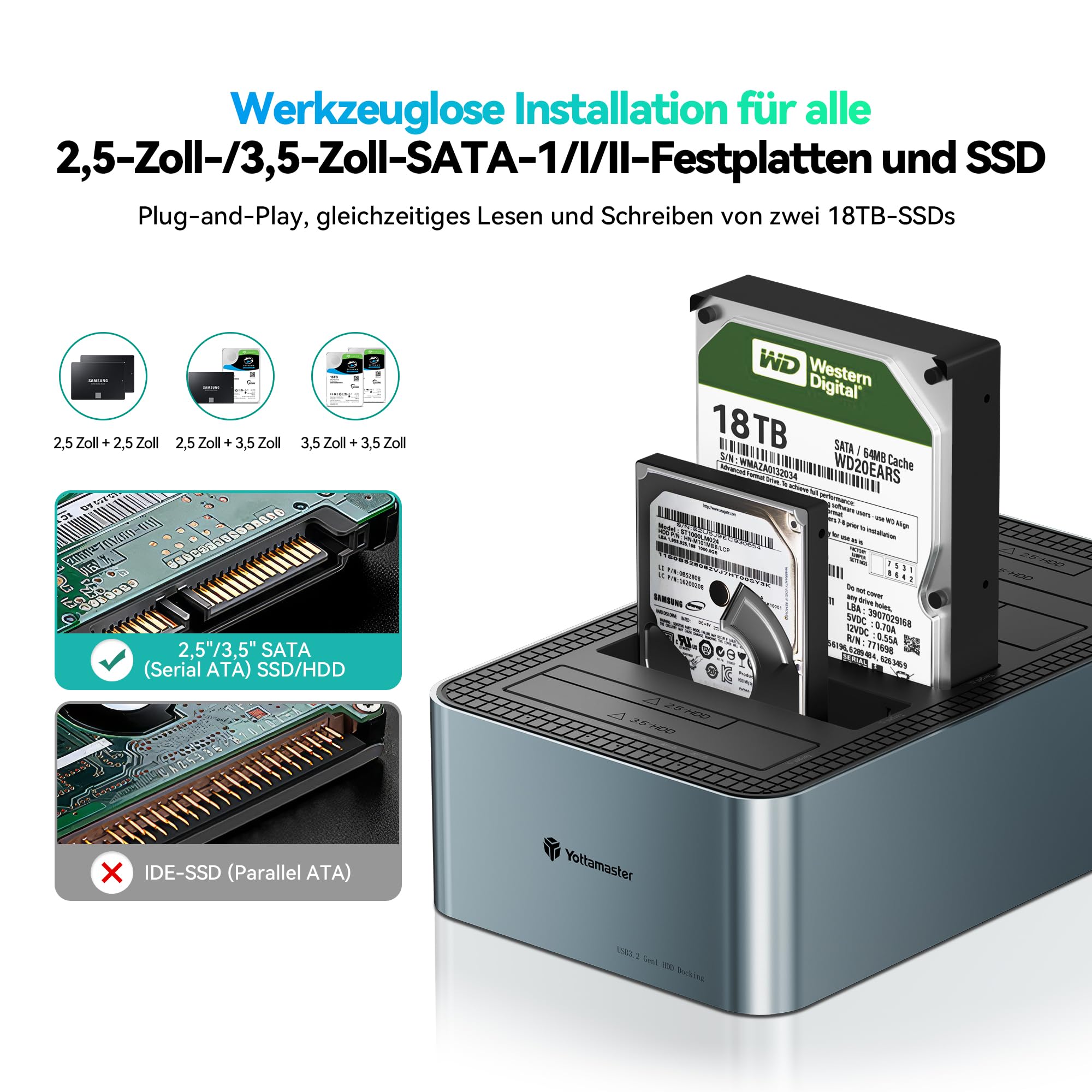 Yottamaster 5 Bay Offline-Klonen Festplatten Dockingstation Aluminium für 2,5/3,5 Zoll, USB 3.2 Gen1 SATA SSD/HDD Docking Station mit 12V 6.5A Netzteil, Unterstützt 5x18TB Max