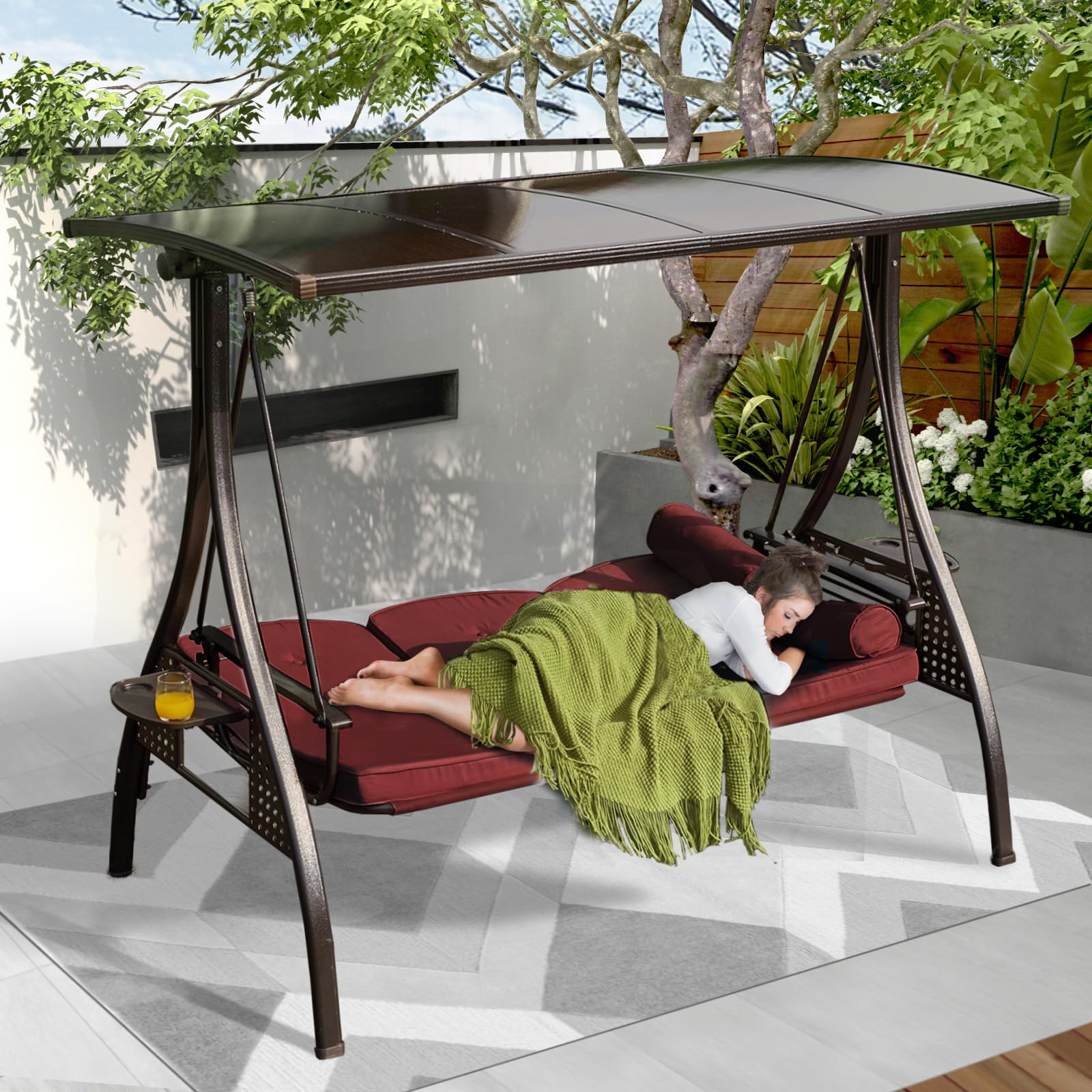 3-seat outdoor patio porch swing with adjustable hardtop,3 in 1 convertible swing chair for adults,patio swing with thicken cushion,pillows & cup holders for porch,backyard,garden (wine red)