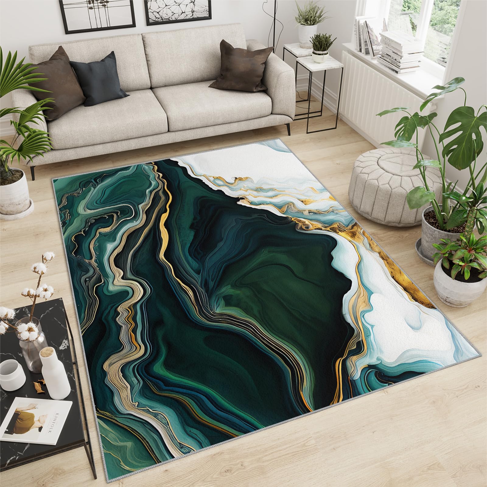 Emerald Green Area Rug - 3' x 5' White Green Marble Rugs for Living Room, with Anti-Slip Backing Washable Indoor Carpet for Living Room Bedroom Study