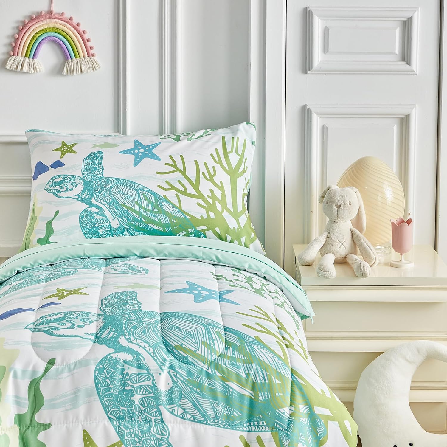 Kids Comforter Sheet Set - Soft and Breathable Bed Set Includes Quilted Comforter, Fitted Sheet, Flat Top Sheet, Pillowcase and Toddler Pillowcase - 4 Pieces Toddler Bedding Set White Teal Sea Turtle
