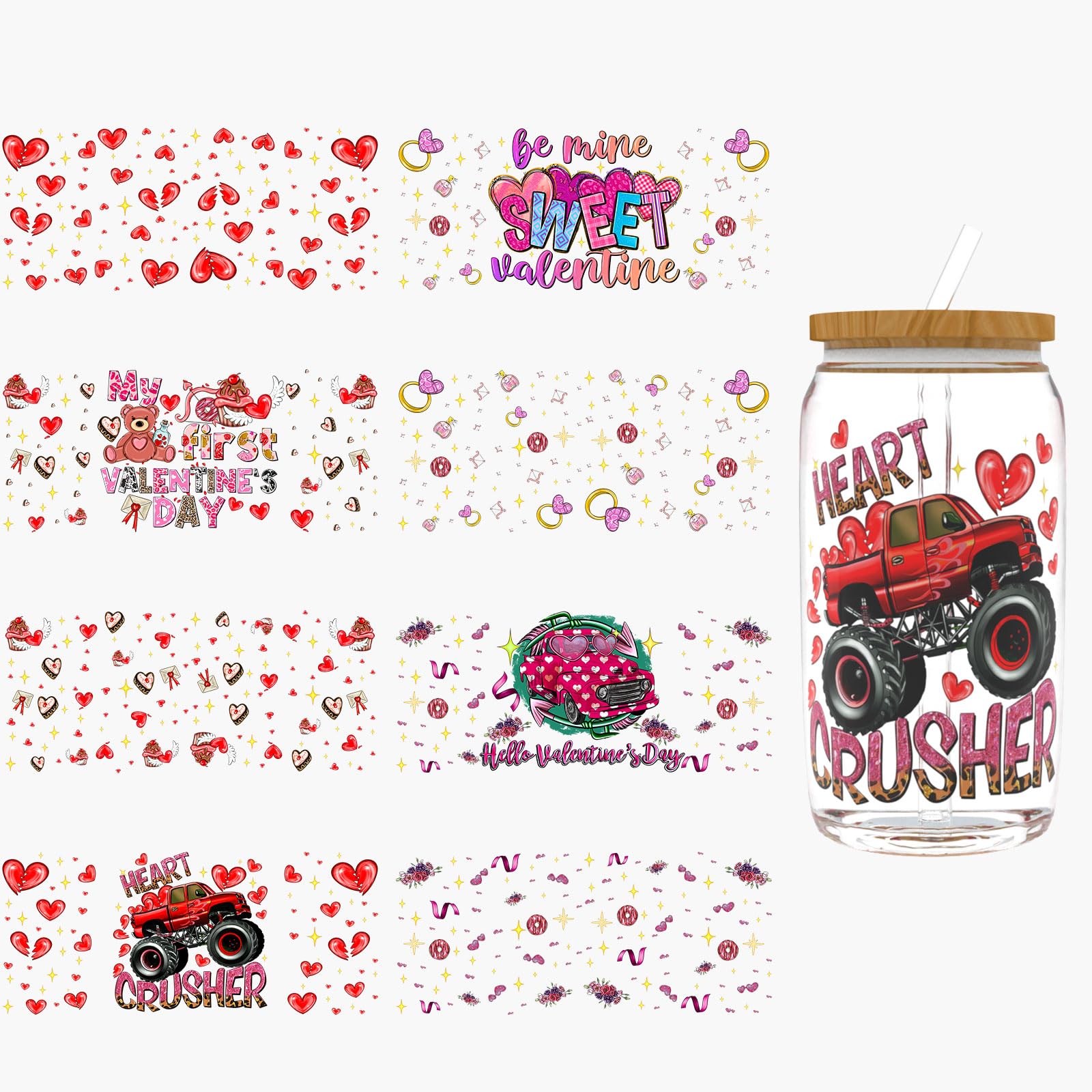 UV DTF Cup Wrap for 16oz Glass, 8 Sheets Valentine's Day Romantic Transfer Stickers for Mugs Coffee, Rub On Transfers for Glass Cups Coffee Mugs