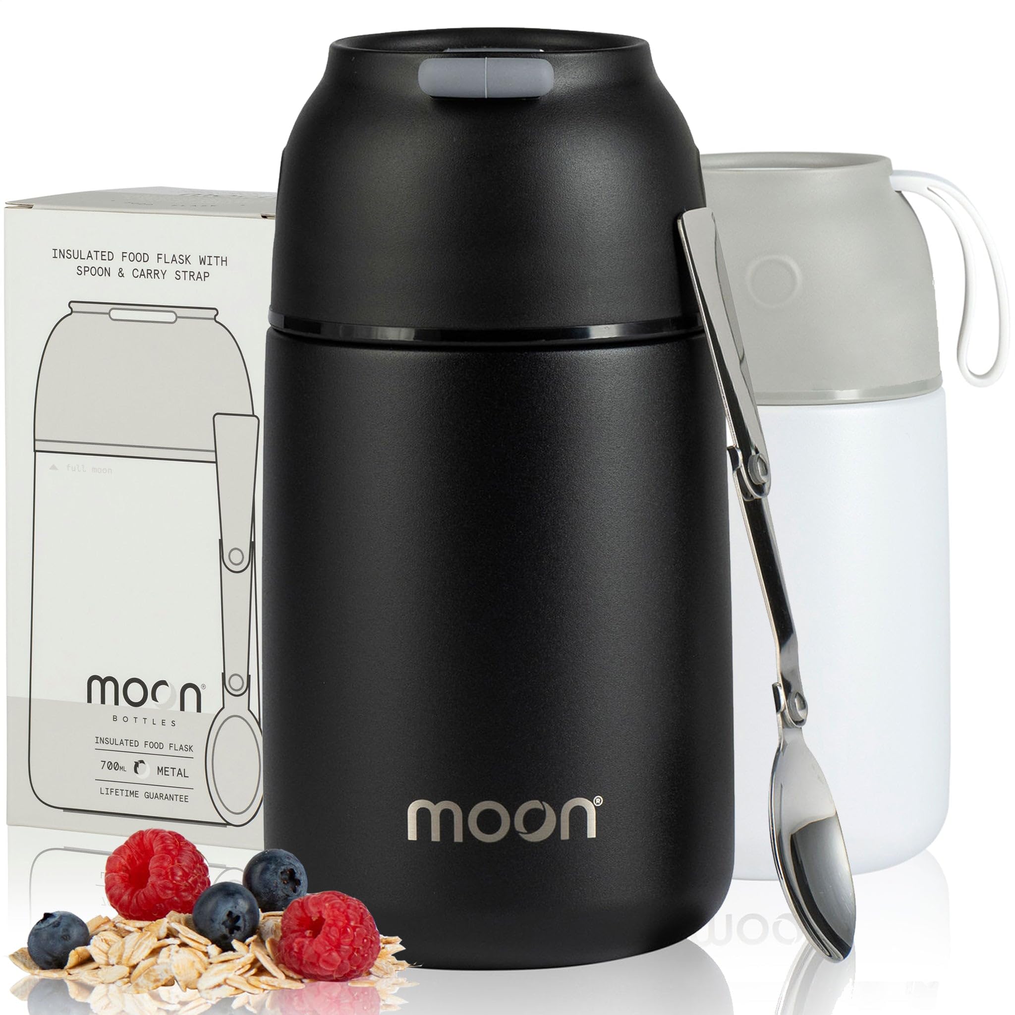 Moon Food Flasks For Hot Food - Insulated, Stainless Steel, Thermal Lunch Box, Soup Containers, Food Jars for Kids & Adults, Free Spoon, Leakproof, UK Company (700ml Black)