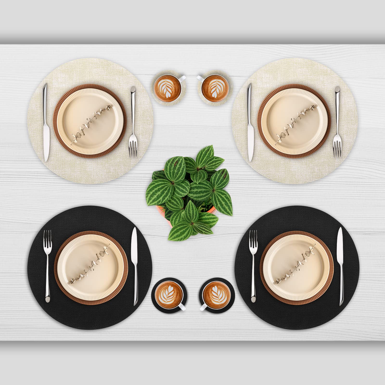 Myir JUN Lederen Placemat Rond en Onderzetters, Tafelmatten Waterdichte Afveegbare Dubbelzijdige Plaats Matten Koffiematten Antislip Wasbare Placemats en Coaster (Grijs Wit, Sets 4