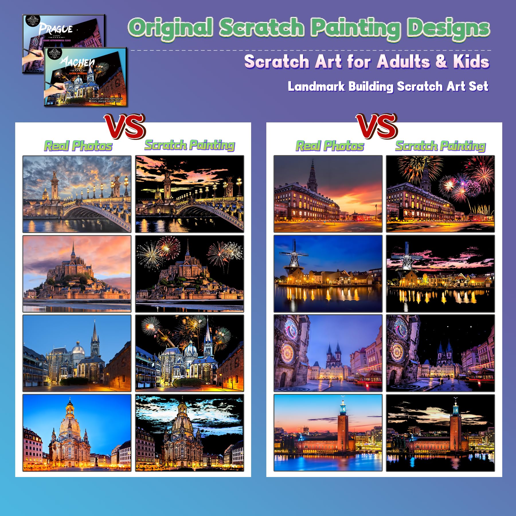 Scratch Art Painting Kit for Adults&Kids-8 Sheets A4 Rainbow Scratch Painting Paper Craft Set including City Landmarks - Image 4