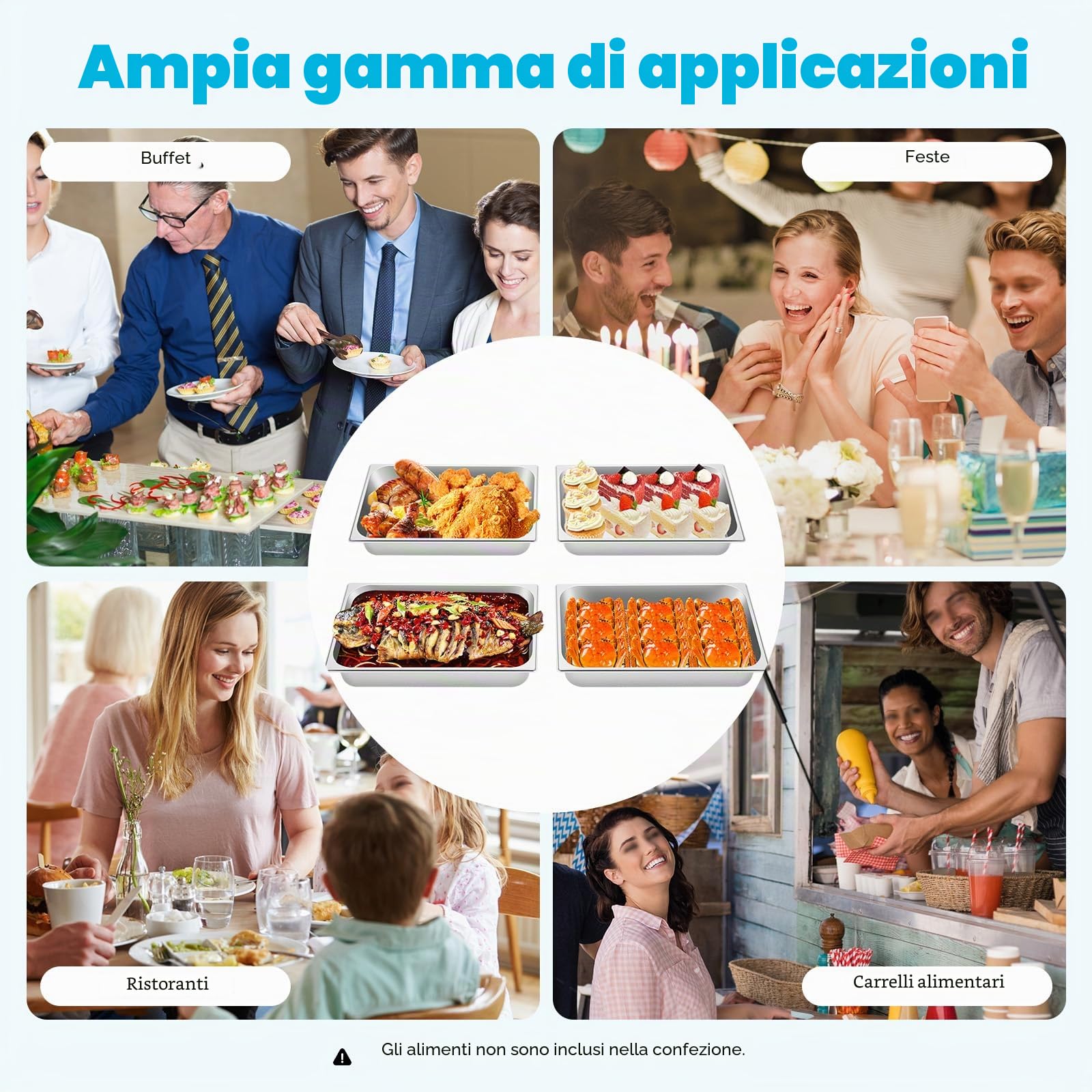 Contenitori per gastronorm, 4 pezzi, contenitori per alimenti con coperchio, 9 litri, in acciaio inox, contenitore per alimenti, torte, hotel, tavolo
