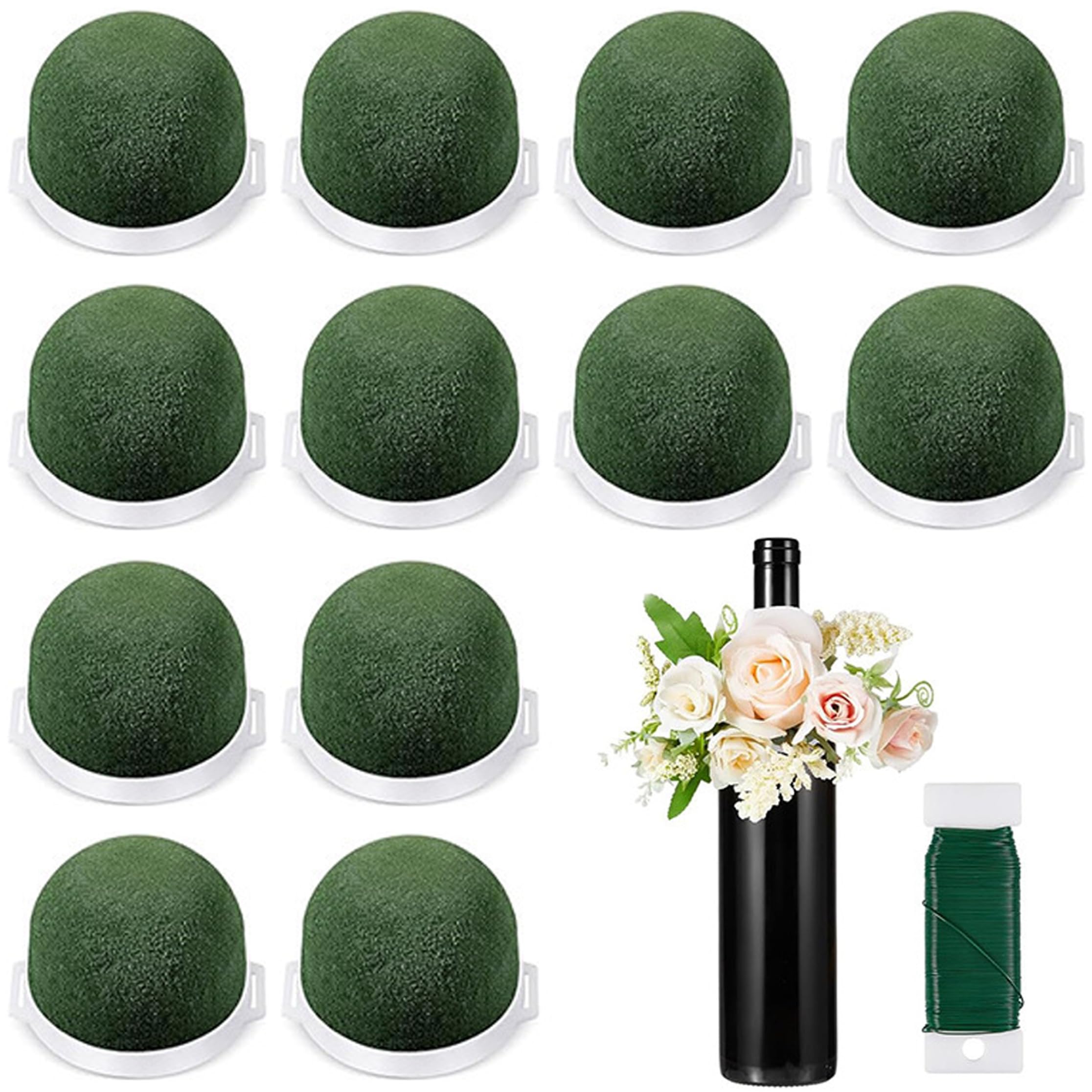 Bemonew Floral Foam Blocks 12PCS Floral Foam Round, Adhesive Backed for Artificial Flowers with Arrangement Wire for Wine Bottle Decor, Florist Supplies, Green