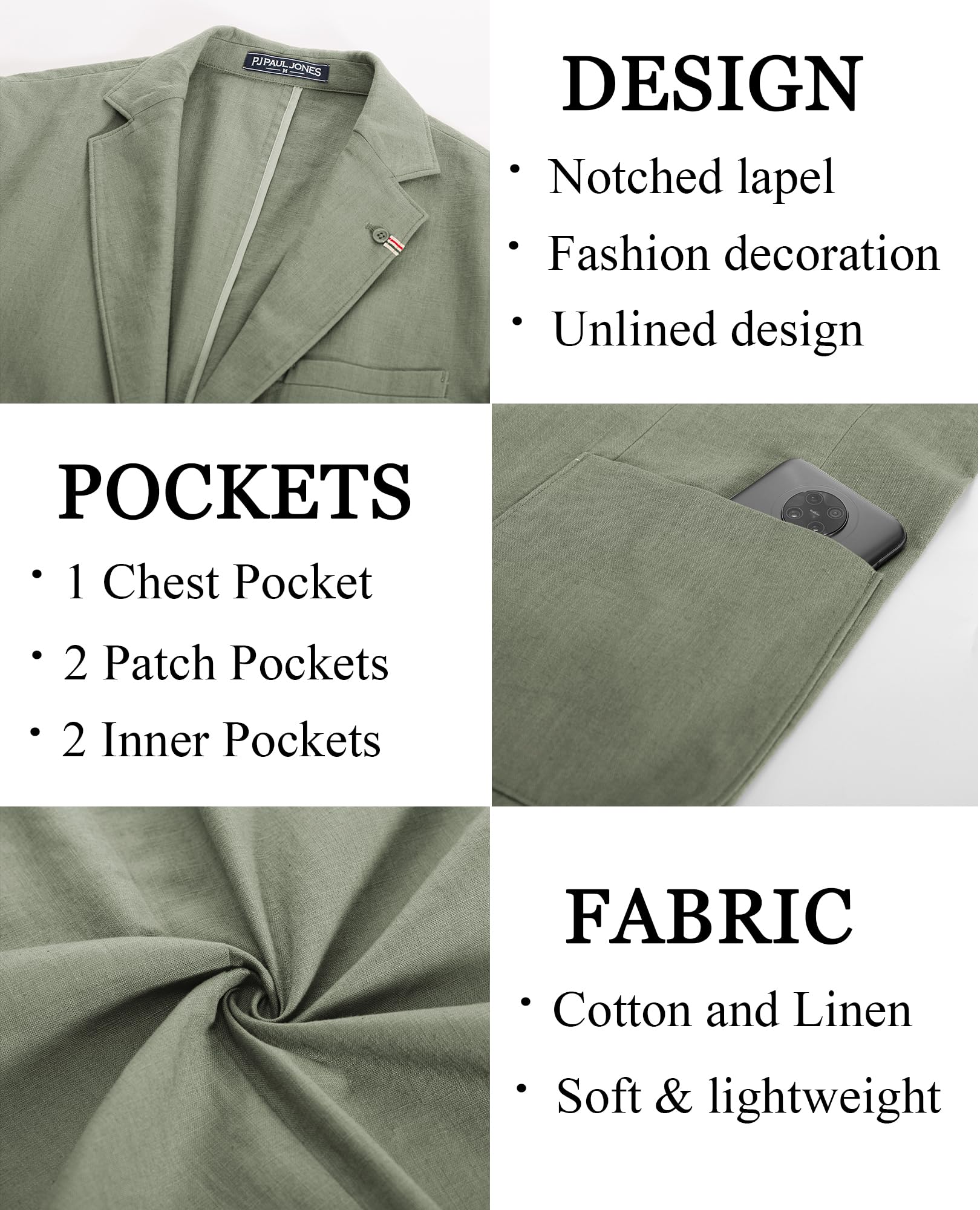 PJ PAUL JONES Giacca sportiva da uomo casual leggera in cotone e lino, con 2 bottoni, sfoderata, Verde chiaro, S
