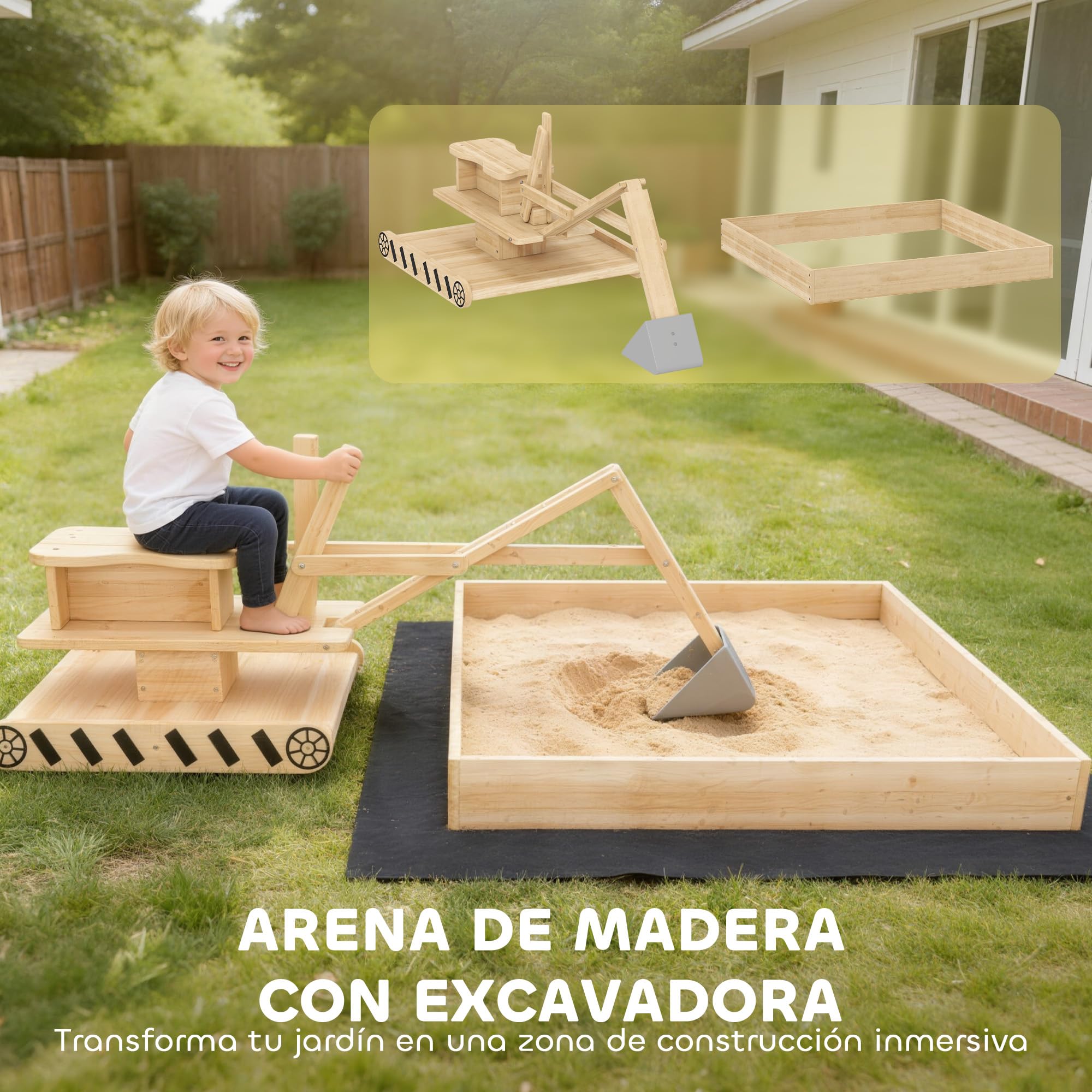AIYAPLAY Arenero para Niños de Madera con Excavadora, Arenero Infantil con Asiento Giratorio 360° y Forro de Tela no Tejida, sin Motor, Caja de Arena para Niños de 3-6 Años, 184x90x56 cm, Natural